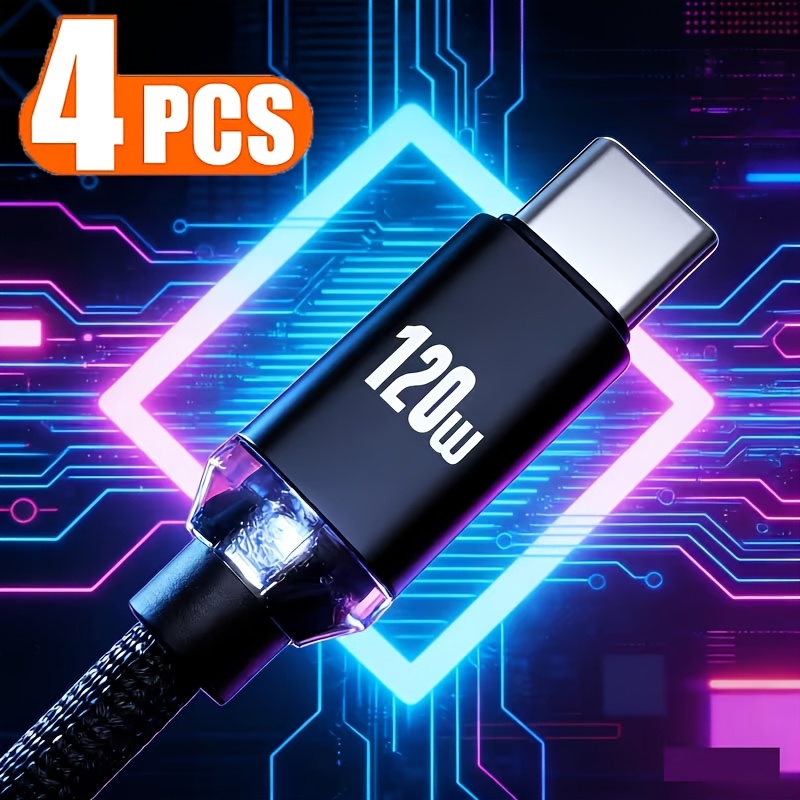 TEMU 4pcs Type C Cable Of 120w And 6a, 100cm 200cm 1m 2m Suitable For Charging Devices Like Iphone, S23/s22/s21, Xiaomi 12pro/k50/k60/redmi, Huawei