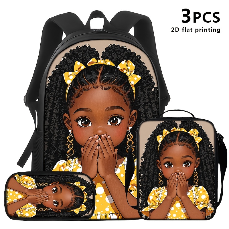 TEMU 1pc/2pcs/3pcs Backpack, Shoulder Bag, Pouch With 2d Flat Print Of A Stylish Girl In Yellow Polka Dots; Ideal For Students Or On Daily Commutes,