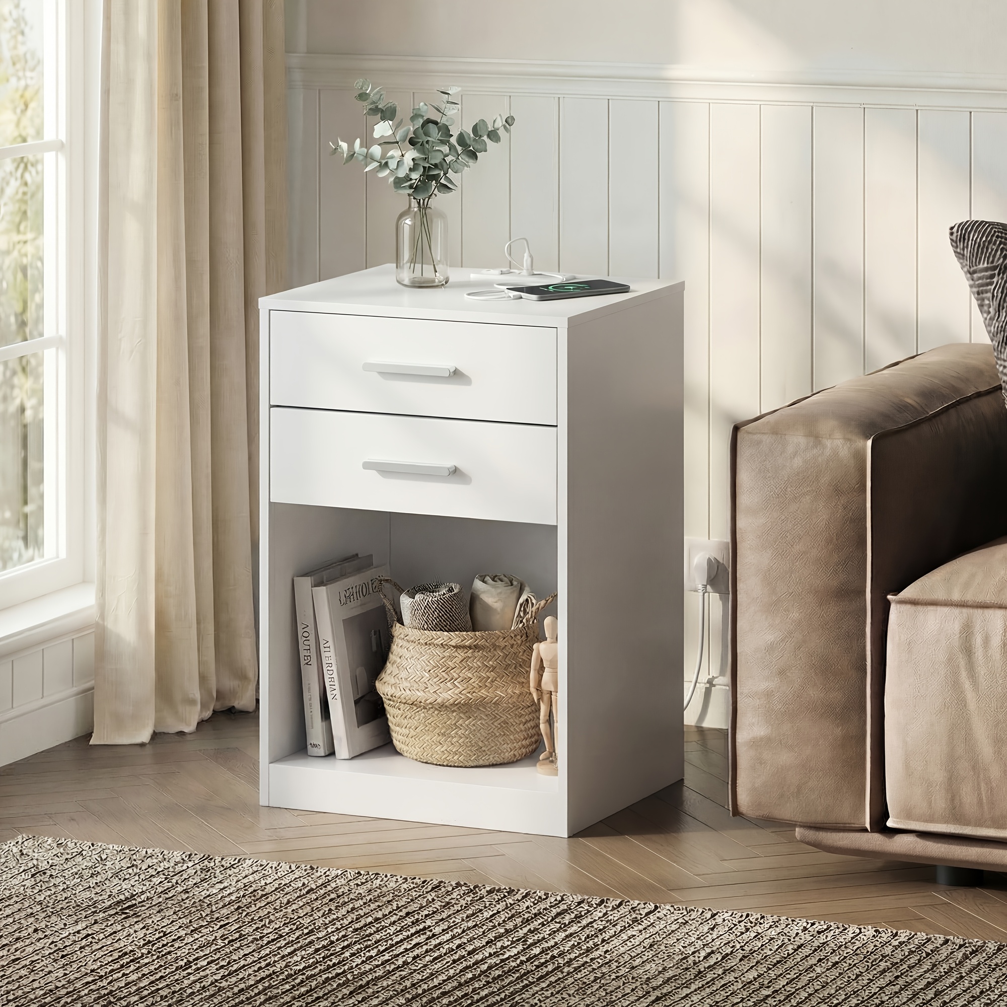 Nightstands Set Of 2, White Night Stand With Charging Station & Drawers, Night Stands For Bedroomsy For Hallway & Living Room