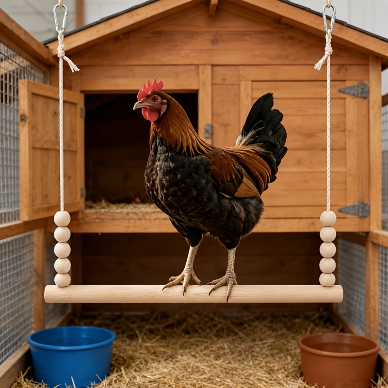 Image of A Larger Chicken Stand With Anti- Features, Equipped With A Bead Chain For Bird Entertainment, A Rope Swing, And Suitable As A Decorative Piece For Farm Pets. Handcrafted With A Sturdy Structure