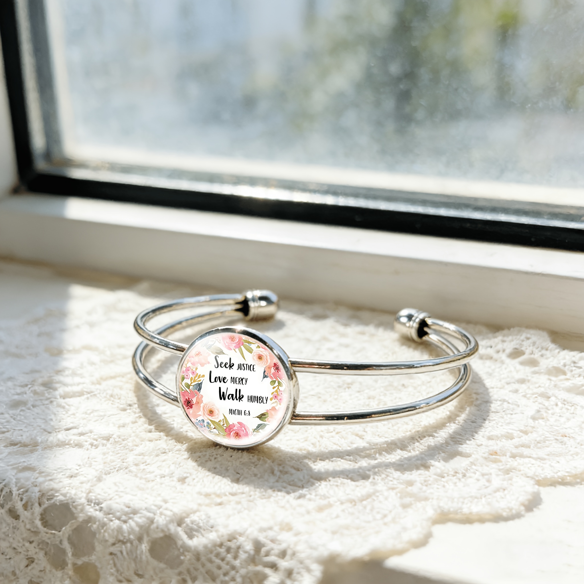 Adjustable Open Bangle with Floral Surround Text Design