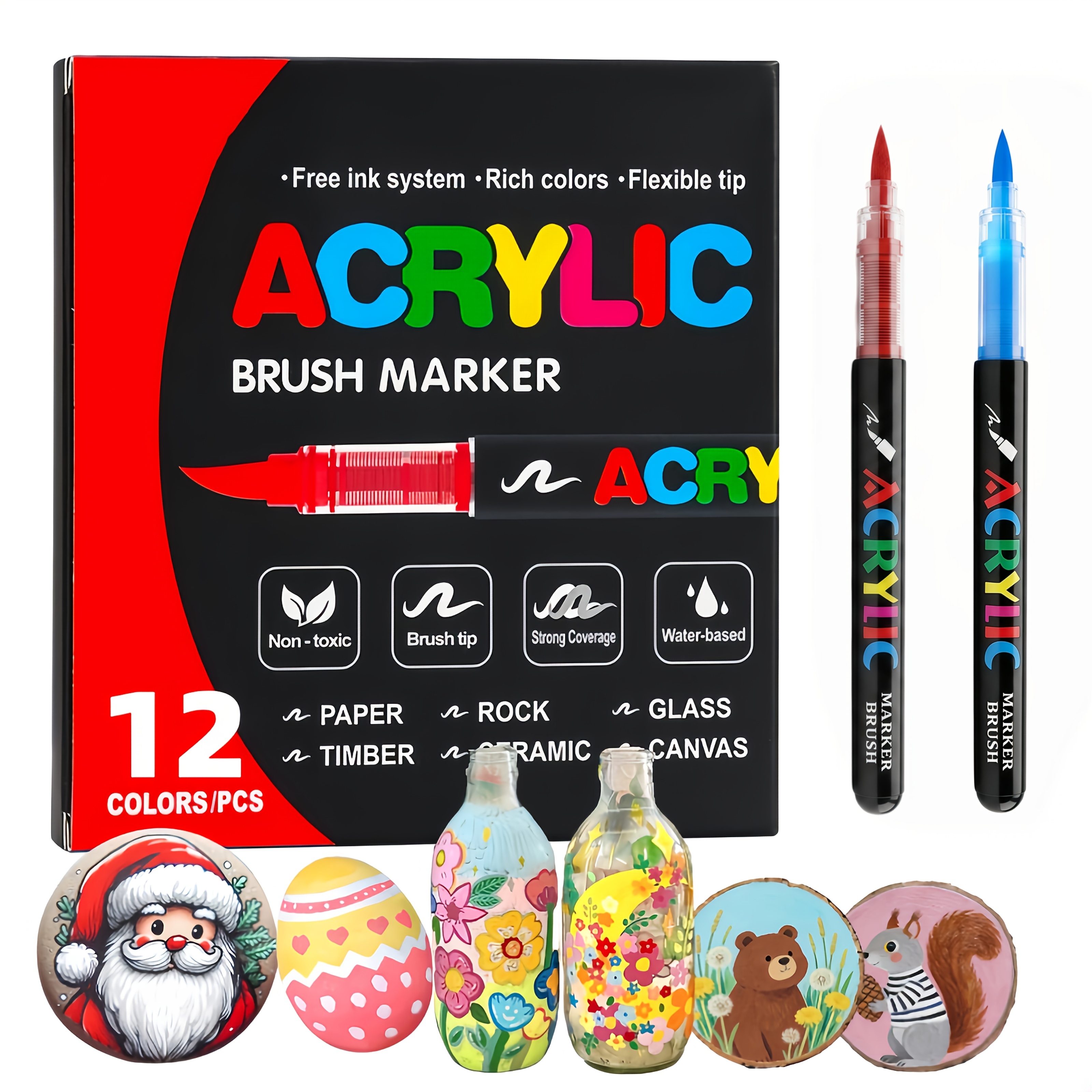 Image of Acrylic Paint Marker, Brush Tip, Quick-drying Ink, Suitable For On Materials Such As Rocks, Plastic, Wood, Canvas, Glass, Ceramics, And Golden Metal, Birthday, Christmas Gift, For Professional Art Use