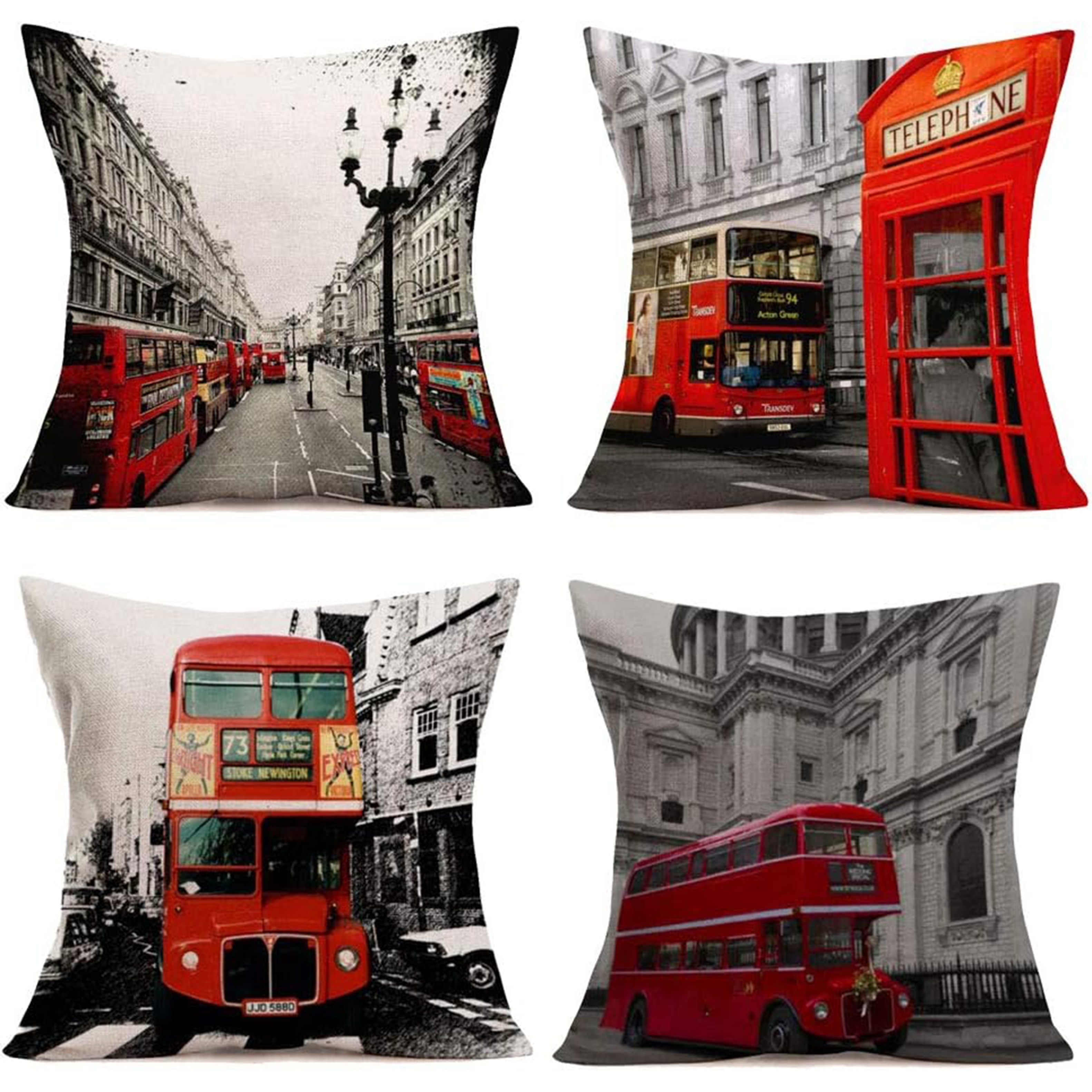 

4 Pieces Vintage London Bus And Telephone Booth Decorative Pillow Covers, 16x16, 18x18, 20x20 Inches, Single Sided, Without Pillow - Machine Washable, Zipper Closure, Suitable For Room Types