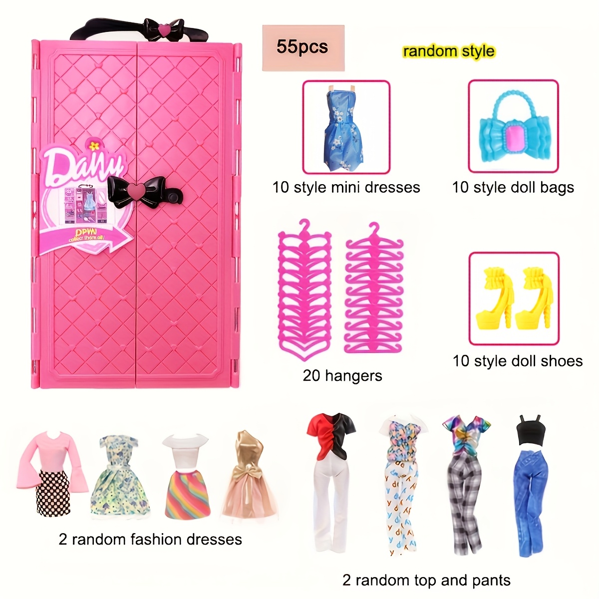 A 55pcs Doll Wardrobe Set, Perfect As A Birthday Gift, Including Doll Additions, Storage, Fashion Shoes, Bags, And Hangers