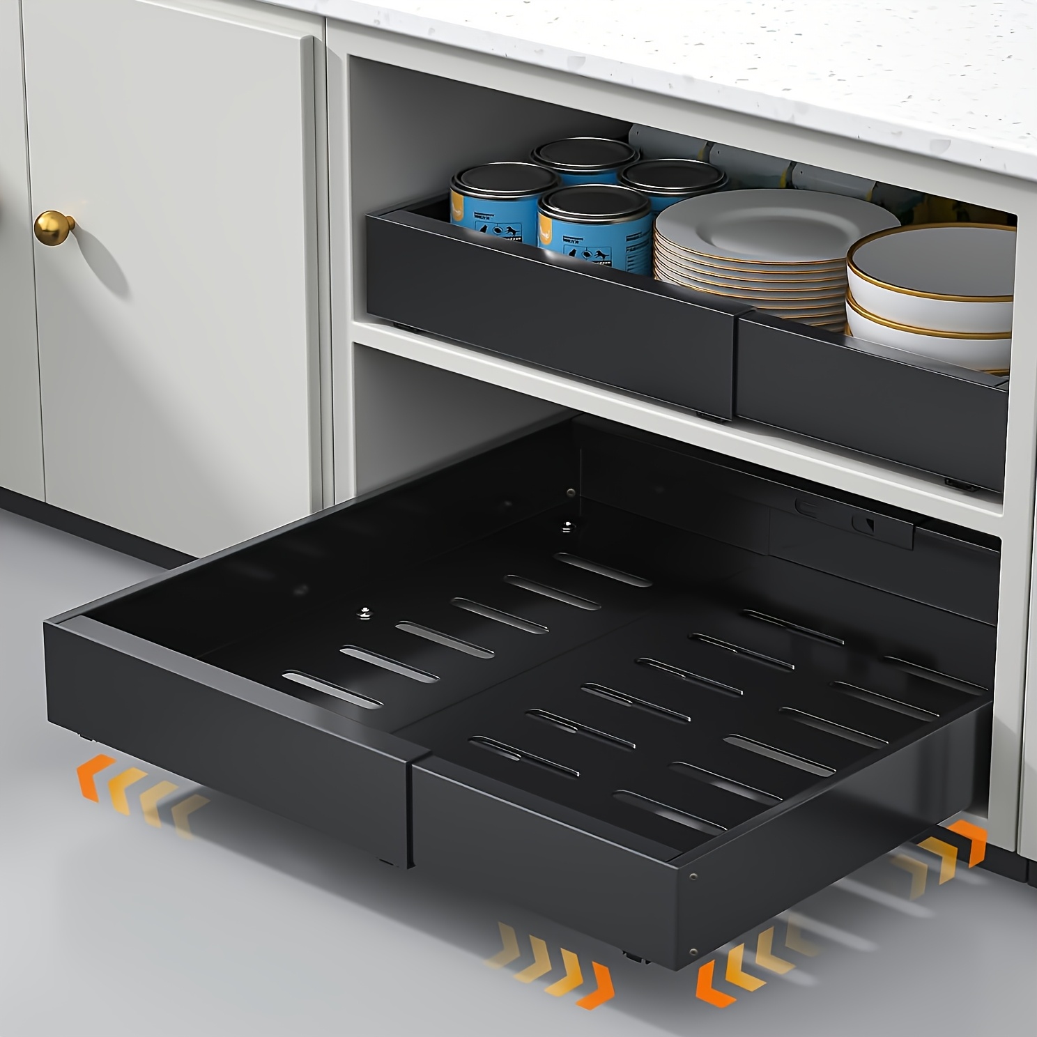 Pull-out Expandable Cabinet Organizer Rack, Heavy-duty Sliding Cabinet Shelf, 3pcs Silent Runners, No Drilling Required, Suitable For Kitchen Spice Storage, Utensil Storage, Bathroom Organization