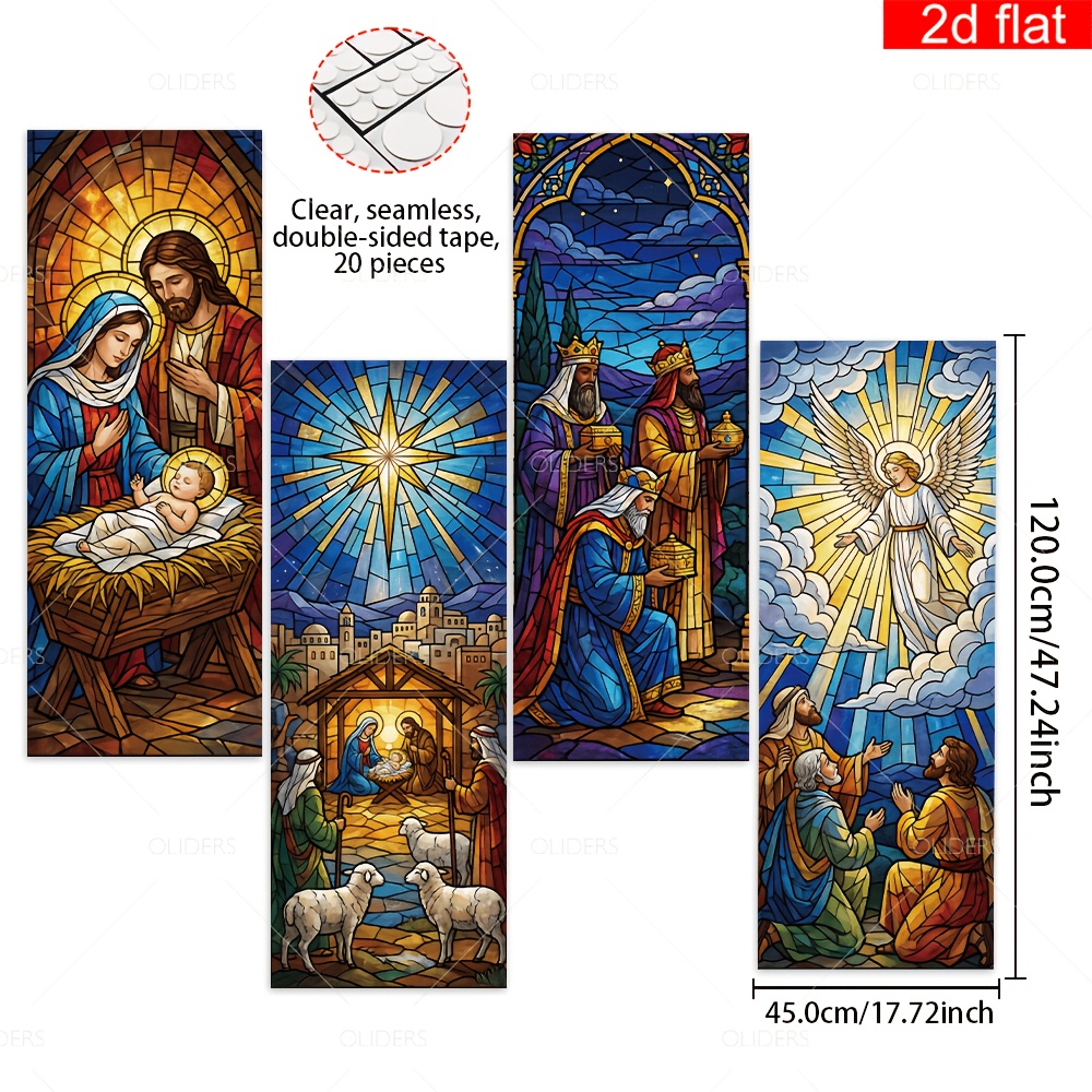 TEMU 2d Flat, 2d Flat - 2d Flat, 2d Flat - 2d Flat Banner 4pcs Christmas Decorative Banners Made Of Polyester, Featuring A Stained- Nativity Scene