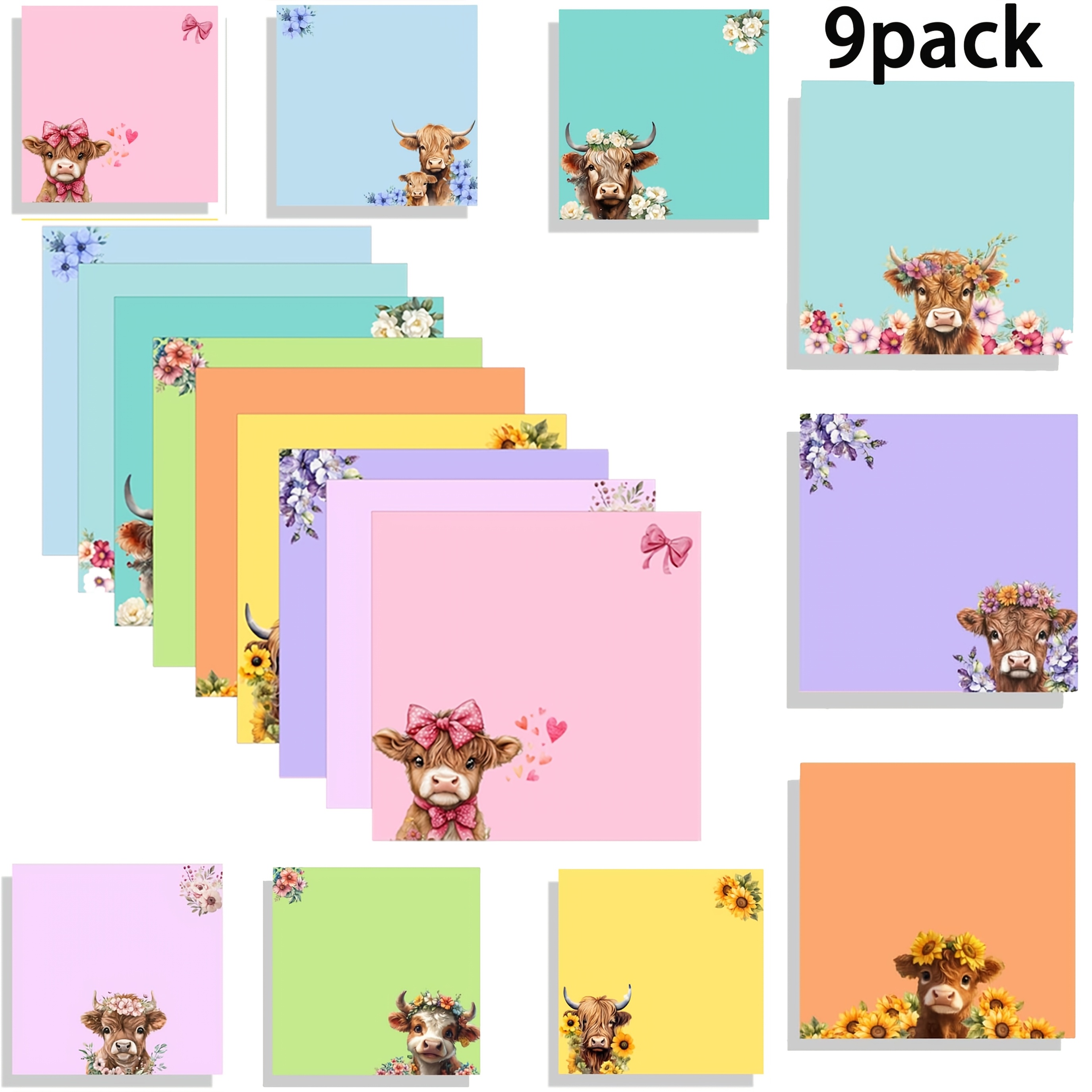 Image of 9 Highland Cow Sticky Note Sets, Cute Self-adhesive Notepads, Super Strong Sticky Memo Cards, Office Decoration Gifts, Desktop Additions For Students, Teachers, And School Supplies, 3x3 Inches