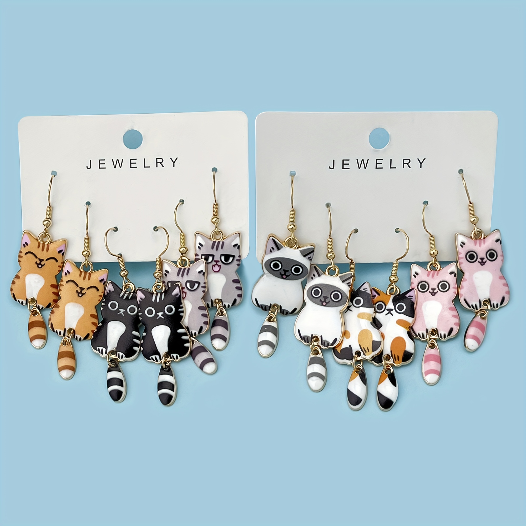 

3 Pairs/set New Fun And Cute Enamel Alloy Hanging Tail Cat Dangle Earrings, Cartoon Style Colored Cat Animal Earrings, Jewelry Lovely Gift For Girls
