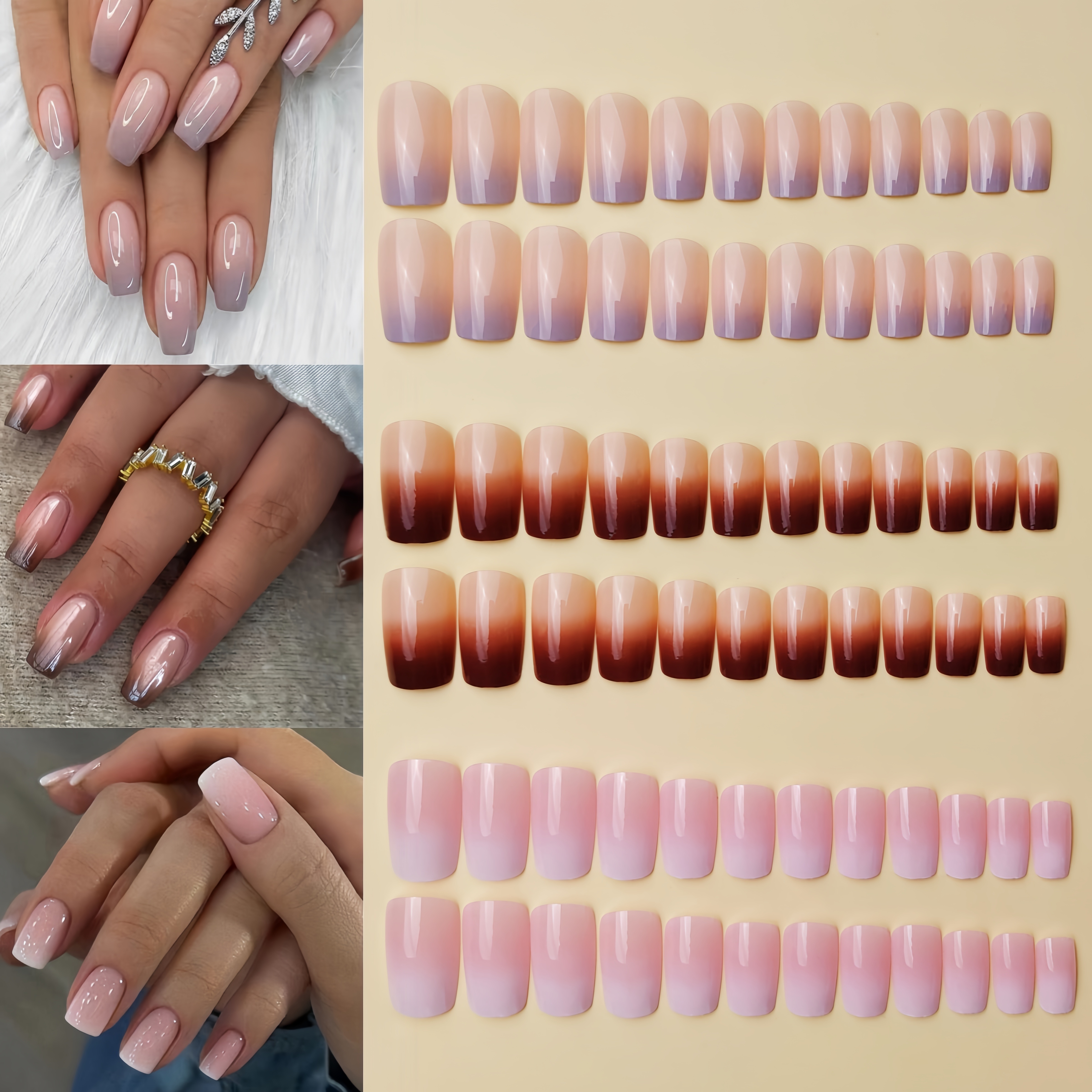 

72 Pcs Set Of Delicate Medium Length French Ombre Shaped Press On Nails Easy Wear False Nail Tips, Simple Nail Art Stickers, Assorted Colors Fake Nails Kit