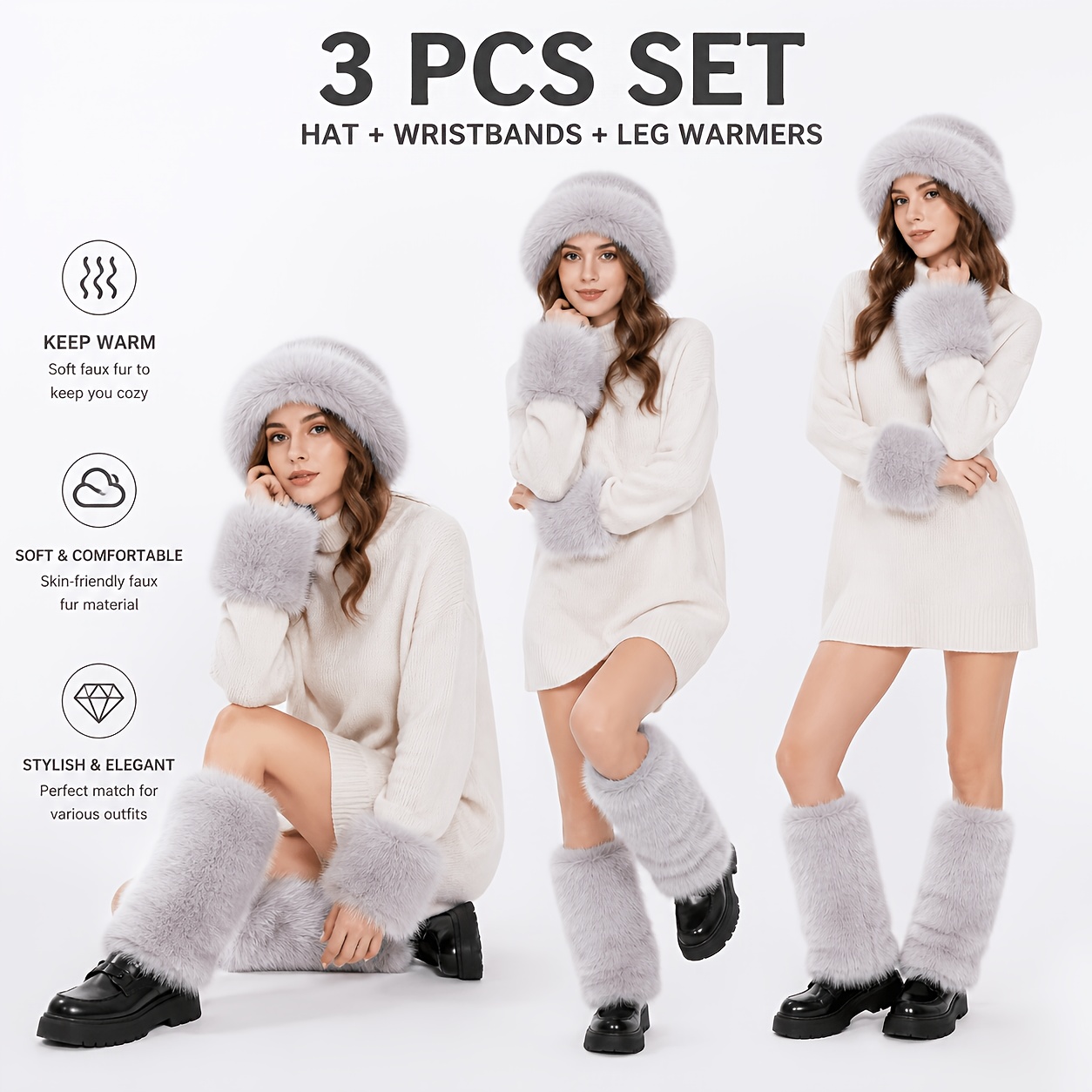3pcs Unisex Winter Gear Set with Hat, Wristbands, and Leg Warmers