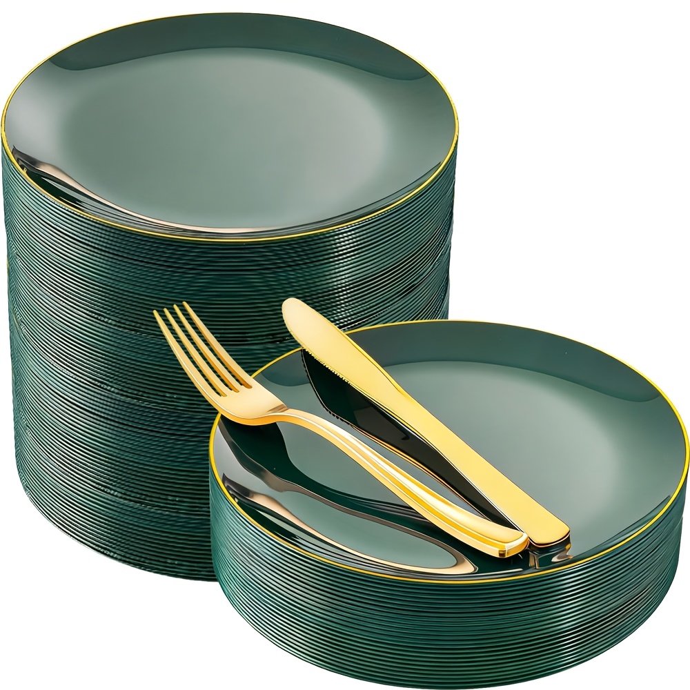 30pcs set of green plastic dessert plates with   and golden cutlery   plates are ideal for   celebrations such as weddings   catering services ramadan celebrations easter celebrations new year