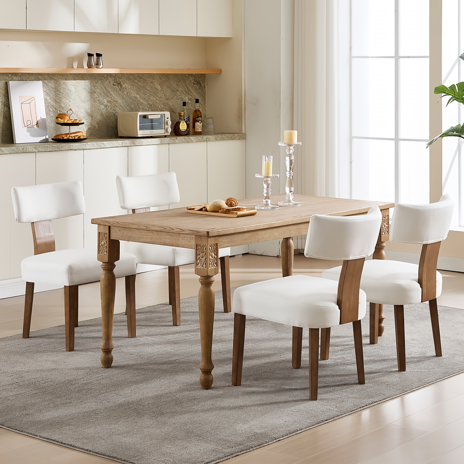DMKAI Set Of 2 Farmhouse Rustic Dining Chairs - White Upholstered Low-Back Backrest, Natural Wood Frame with Hand-Carved Accents, Sturdy Tapered Legs for Dining Room & Kitchen