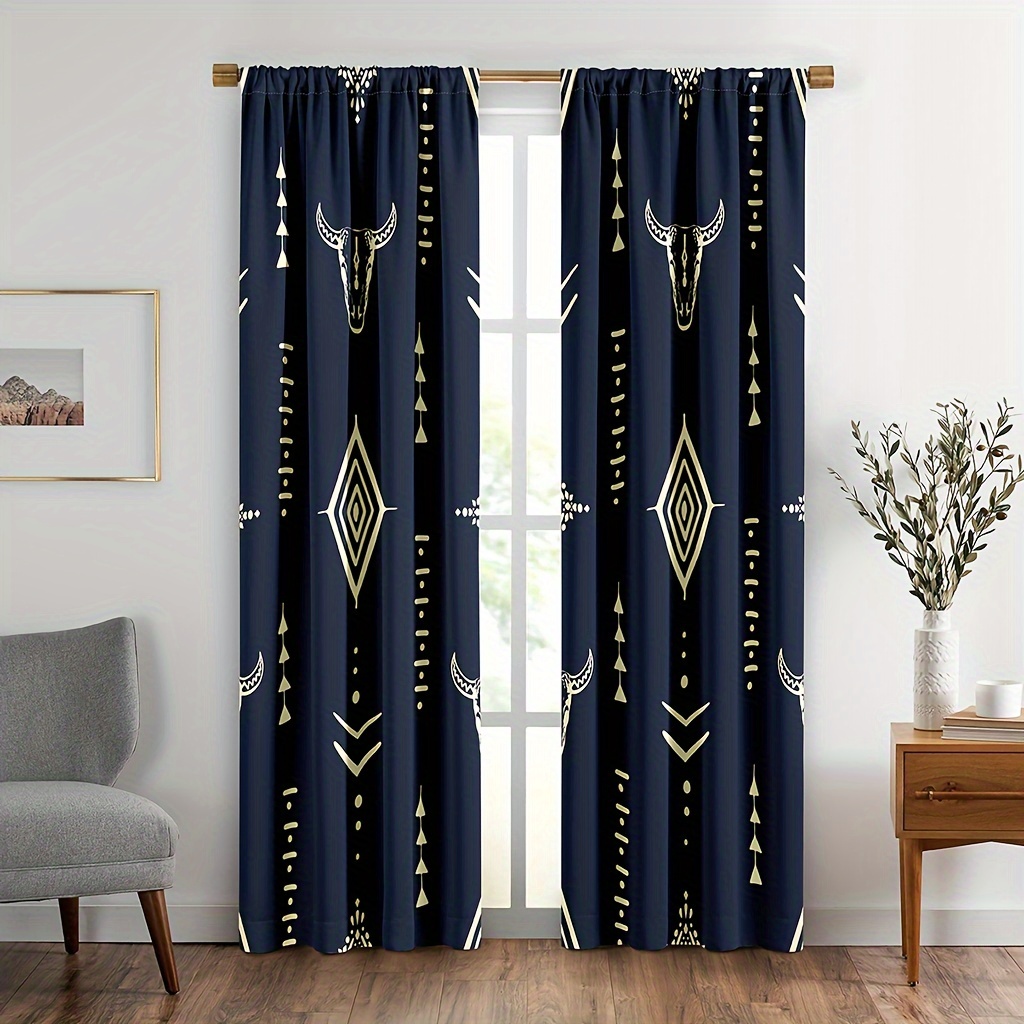 

2 Pieces Western Curtains For Bedroom: Aztec Cow , Geometric Patterns, Rod , Suitable For All , Bedroom Decor