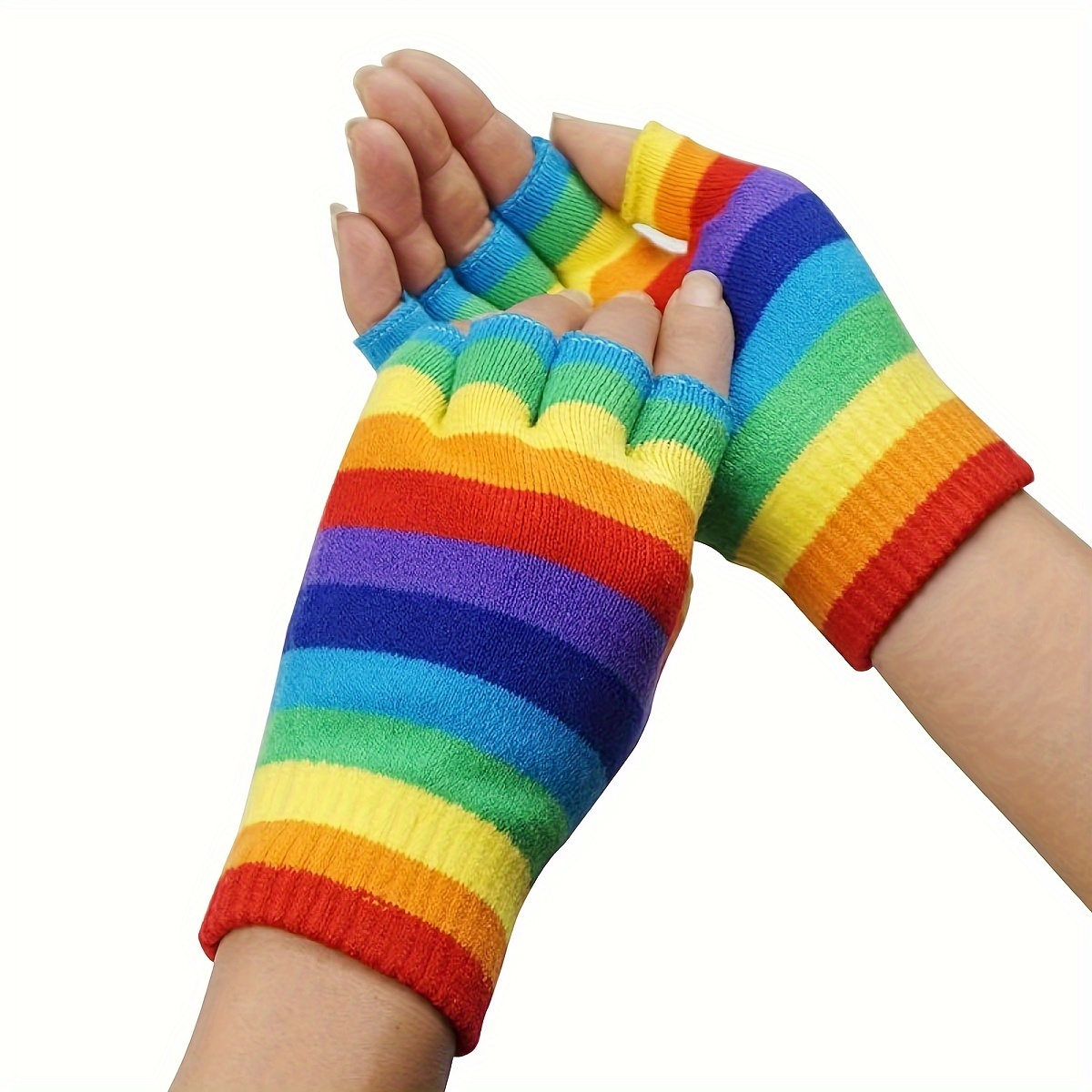 

Rainbow Striped Cotton Knitted Gloves, Thickened Warm Half Finger Gloves, Autumn Winter Coldproof Gloves For