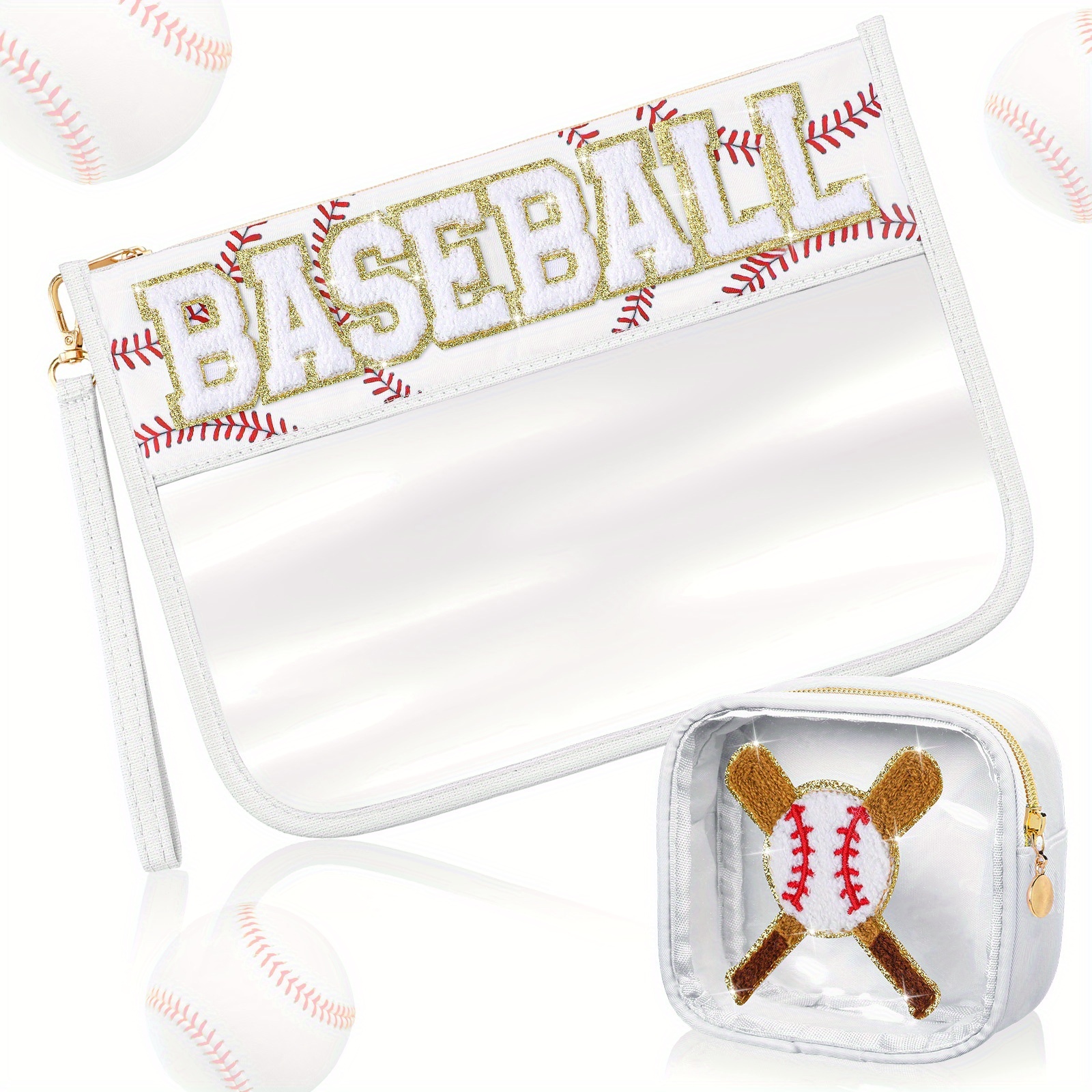 TEMU 2pcs Baseball Snack Bags Team Gifts Makeup Cosmetic Bag Clear Chenille Letter Zipper Pouch Toiletry Purse Baseball Accessories Stuff Sport Portable Travel Storage Case For Mom Women