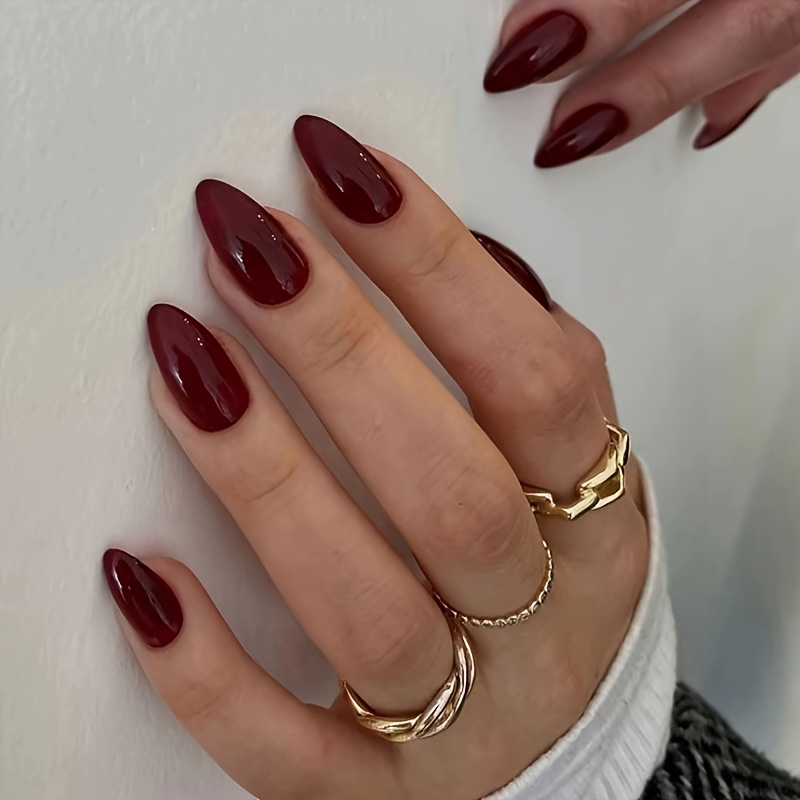TEMU 48 pezzi/set Unghie Finte Borgogna a Forma di Mandorla, Unghie a , Moda Unicolore per Ragazze, Unghie Finte per Donne