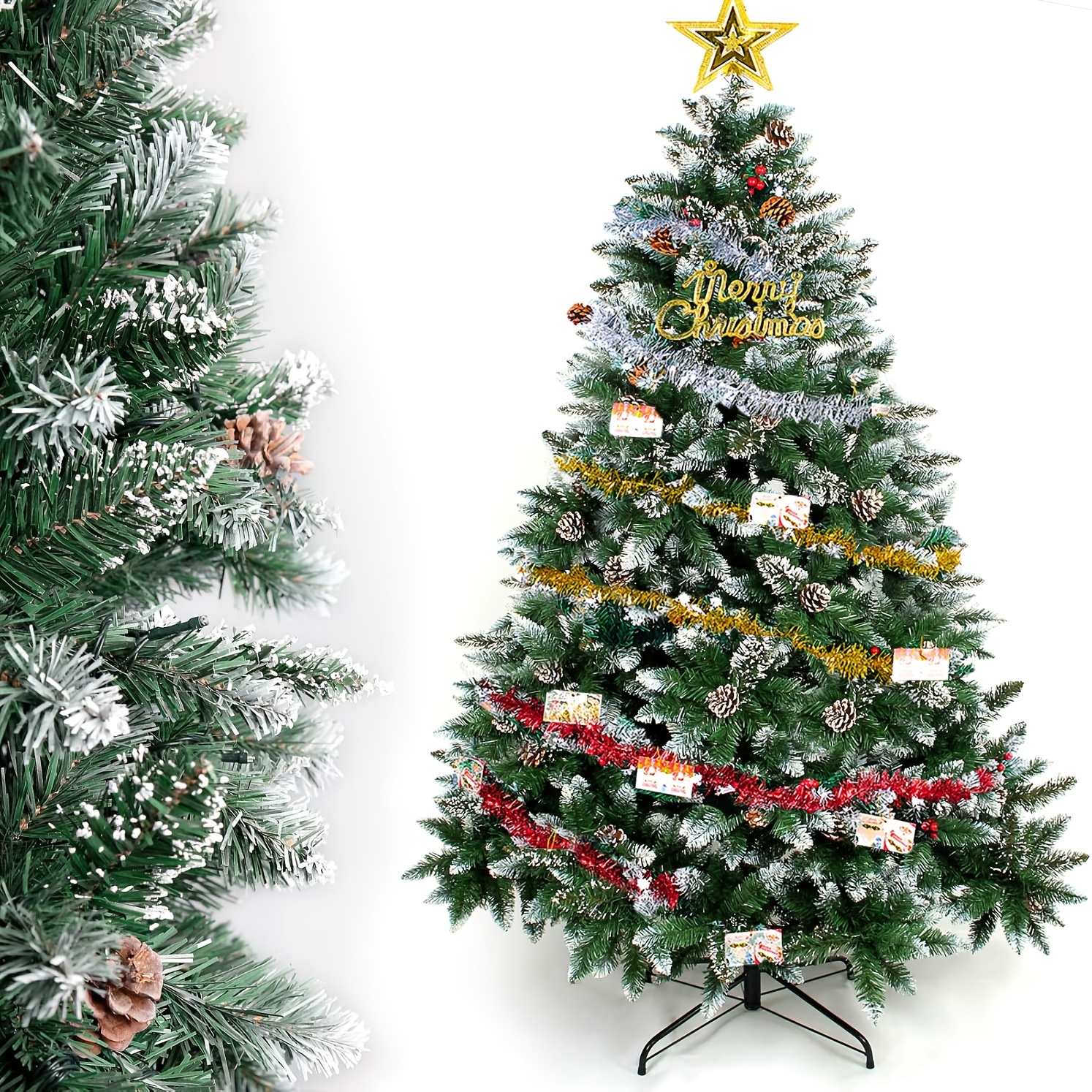 Image of 180cm Fireproof Snow Flocked Artificial Christmas Tree, Flexible Adjustable Branches Diy Decor Xmas Pine Tree With Foldable Metal Stand, Safe Family Indoor Decoration