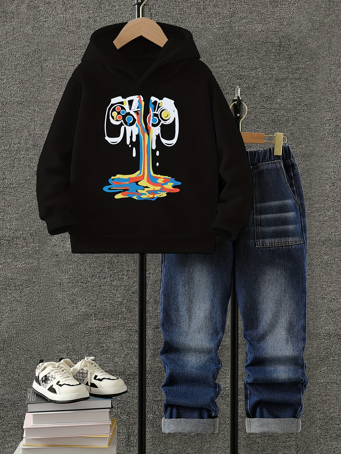 Autumn And Winter Boys' "game Controller" Creative Pattern Print Hoodie, Loose Thick Hooded Long-sleeved Sweatshirt + Fashionable Denim Pants Boys' Clothing, Casual Wear, Back-to-school Season Boys' Suit, Perfect for Outdoor - Image 5
