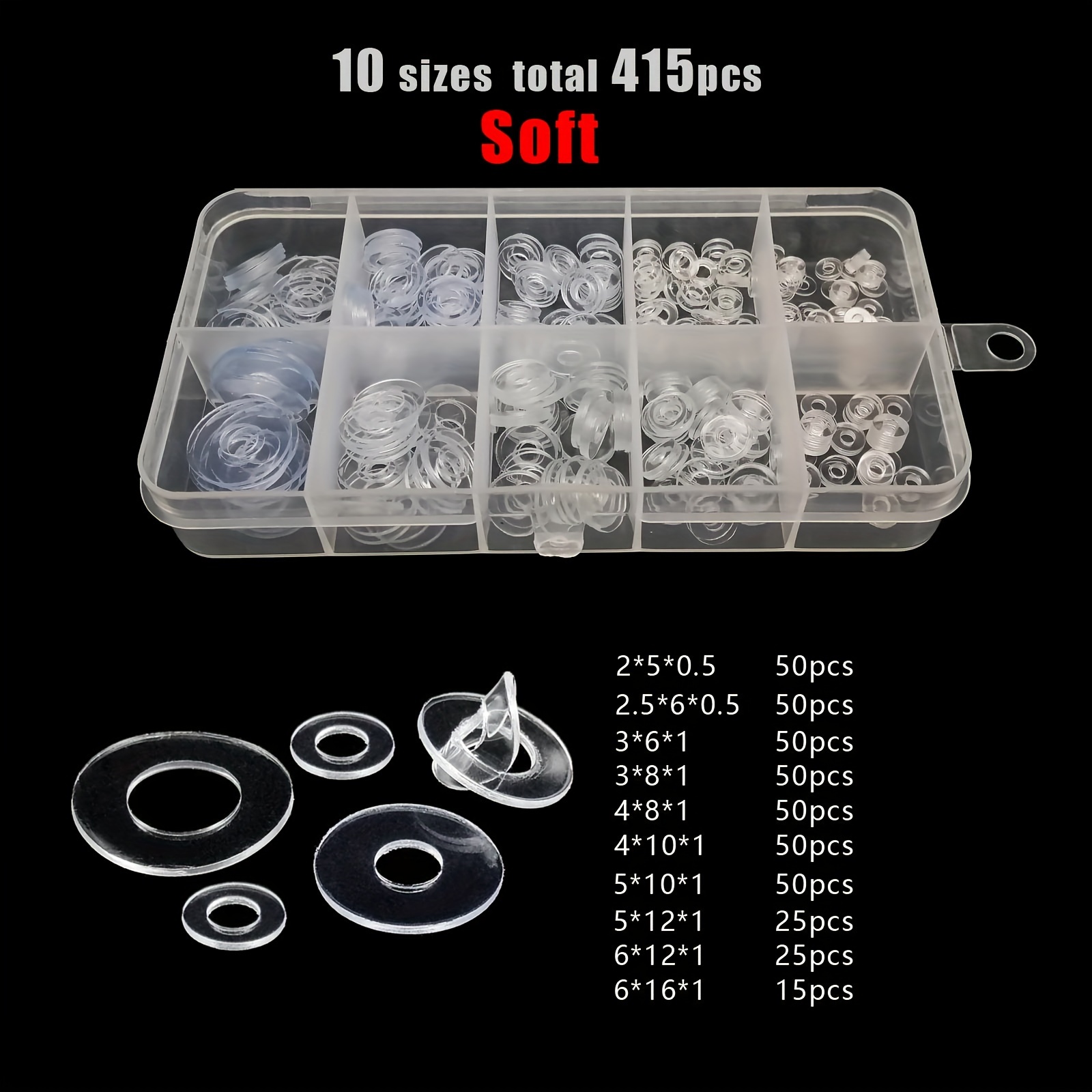 Image of 415/1085pcs M2 M2.5 M3 M4 M5 M6 M8 M10 M12 Plastic Pvc Transparent Clear Flat Washer Plain Spacer Insulation Gasket Ring Kit Box