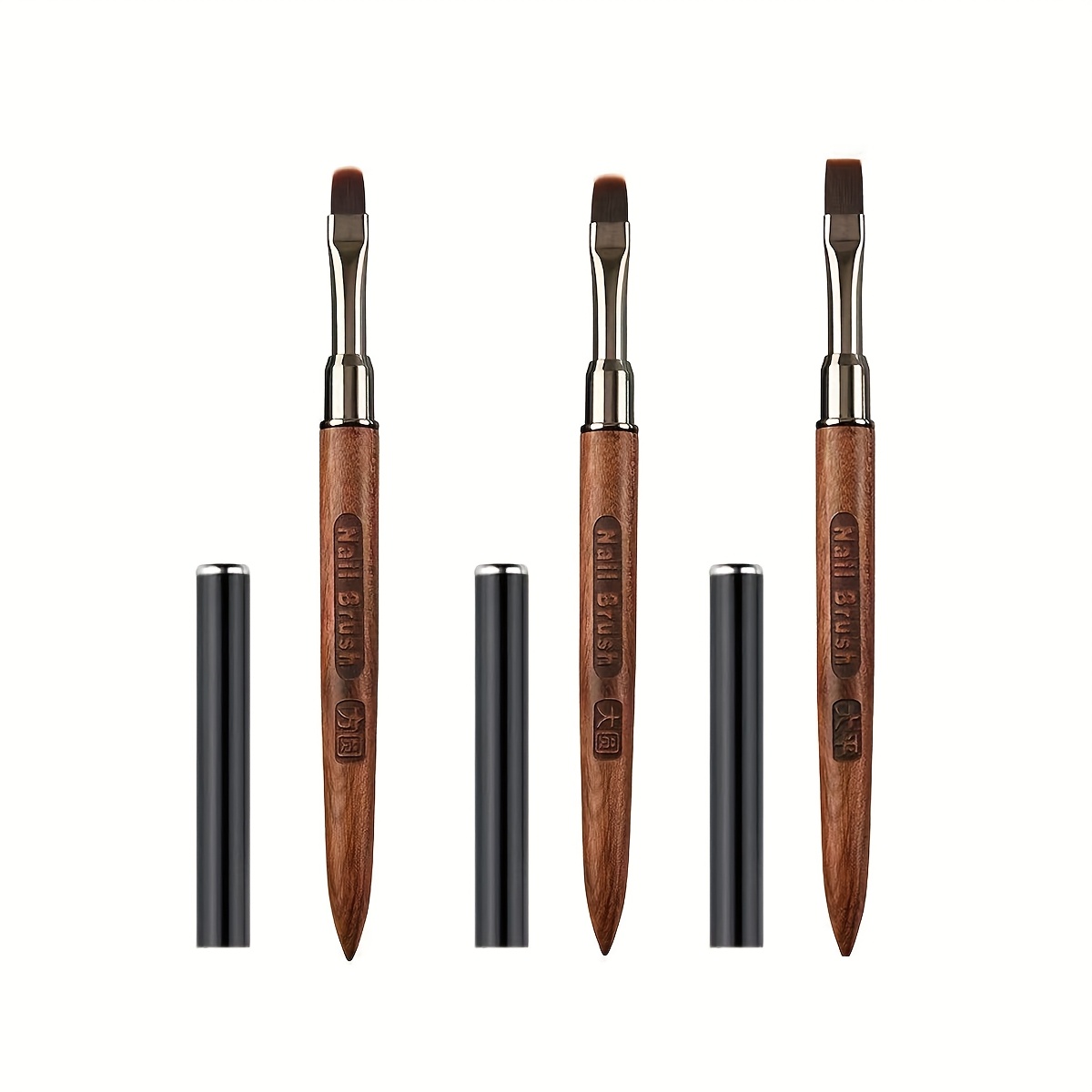A Set Of 3 Sandalwood Handle Nail Brushes In 2 Colors, Featuring Flat, Round, And Tapered Shapes For Precise Application, Unscented, Perfect For Detailed Designs, Nail Art Supplies