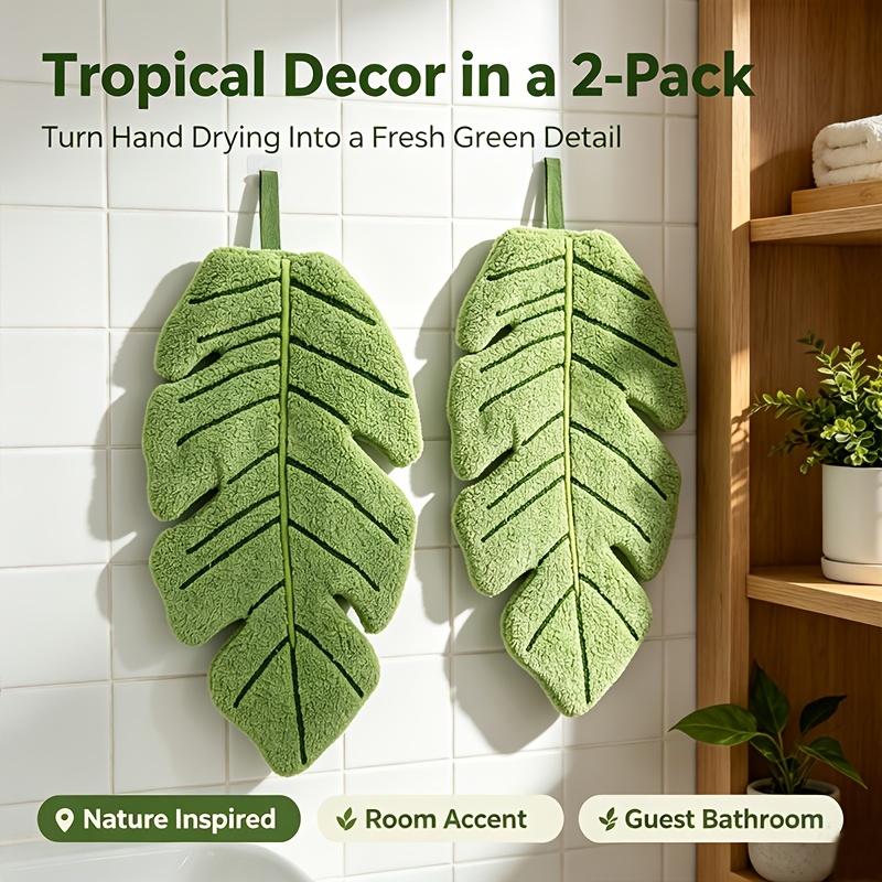 TEMU Lot de 2 serviettes de toilette suspendues à bouts de doigts de feuille de Monstera, serviette de feuille de bananier douce et absorbante, , d',