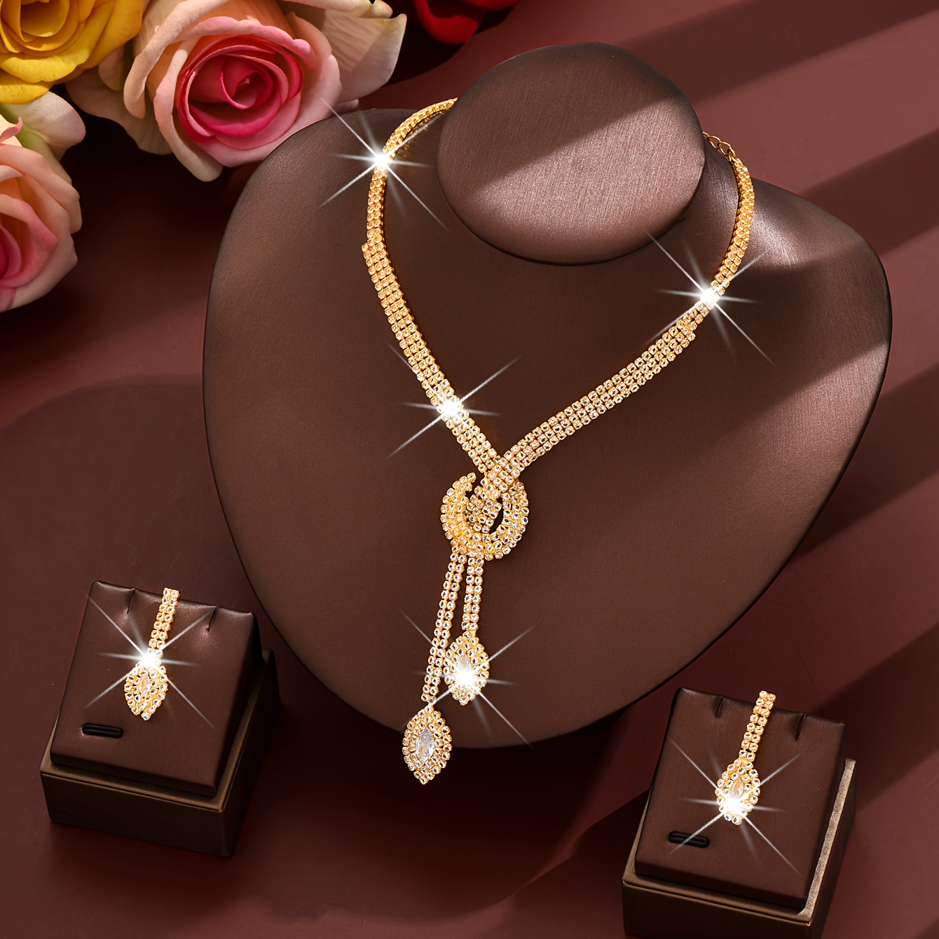 E-shop Strass Hochzeitsset für Damen Glitzer Kristall Ohrringe Halskette Schmuckset Hochzeit Party Ball Schmuckset für Braut Brautjungfern