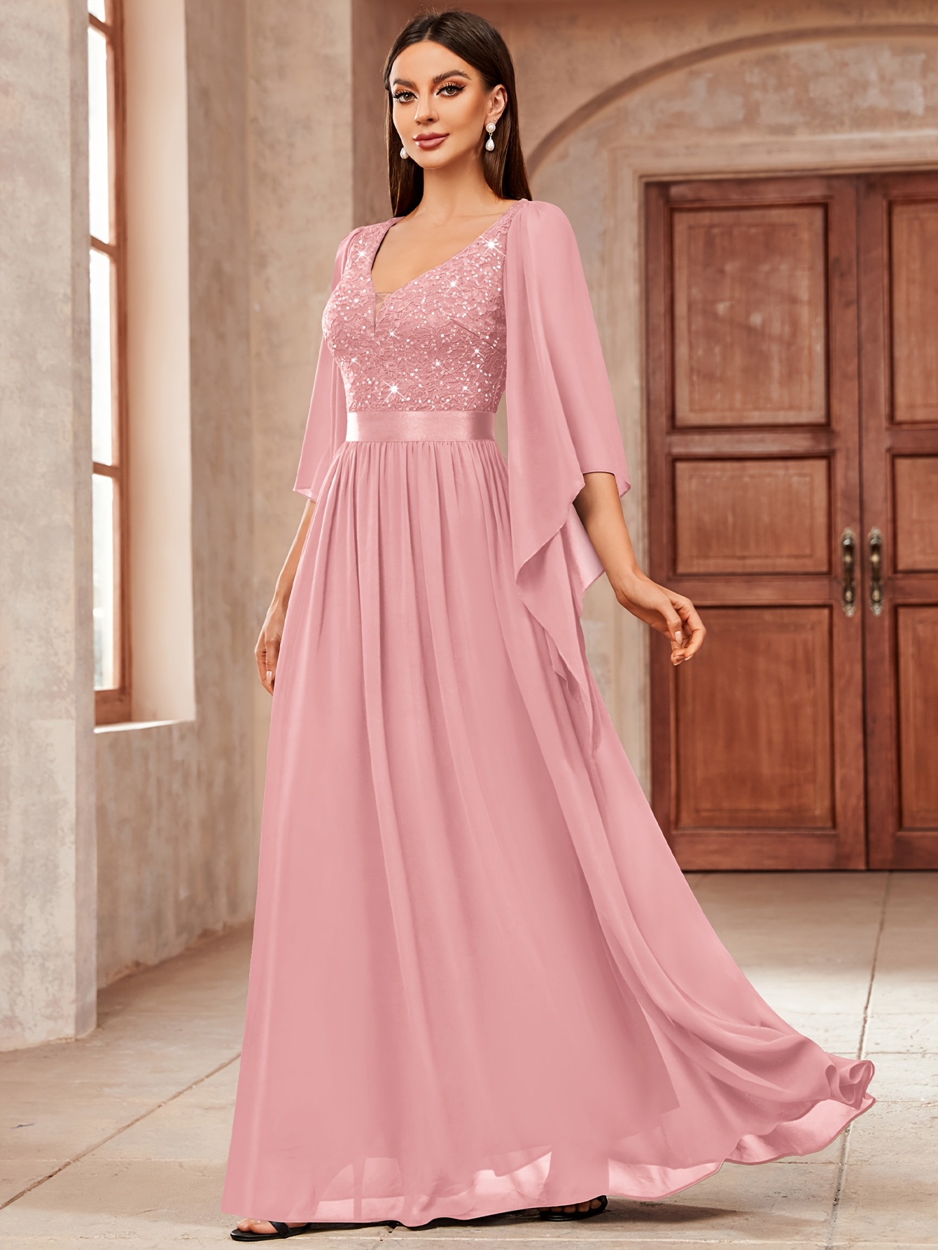 womens elegant deep v neck lace contrast sequin 3 4 flare - Temu