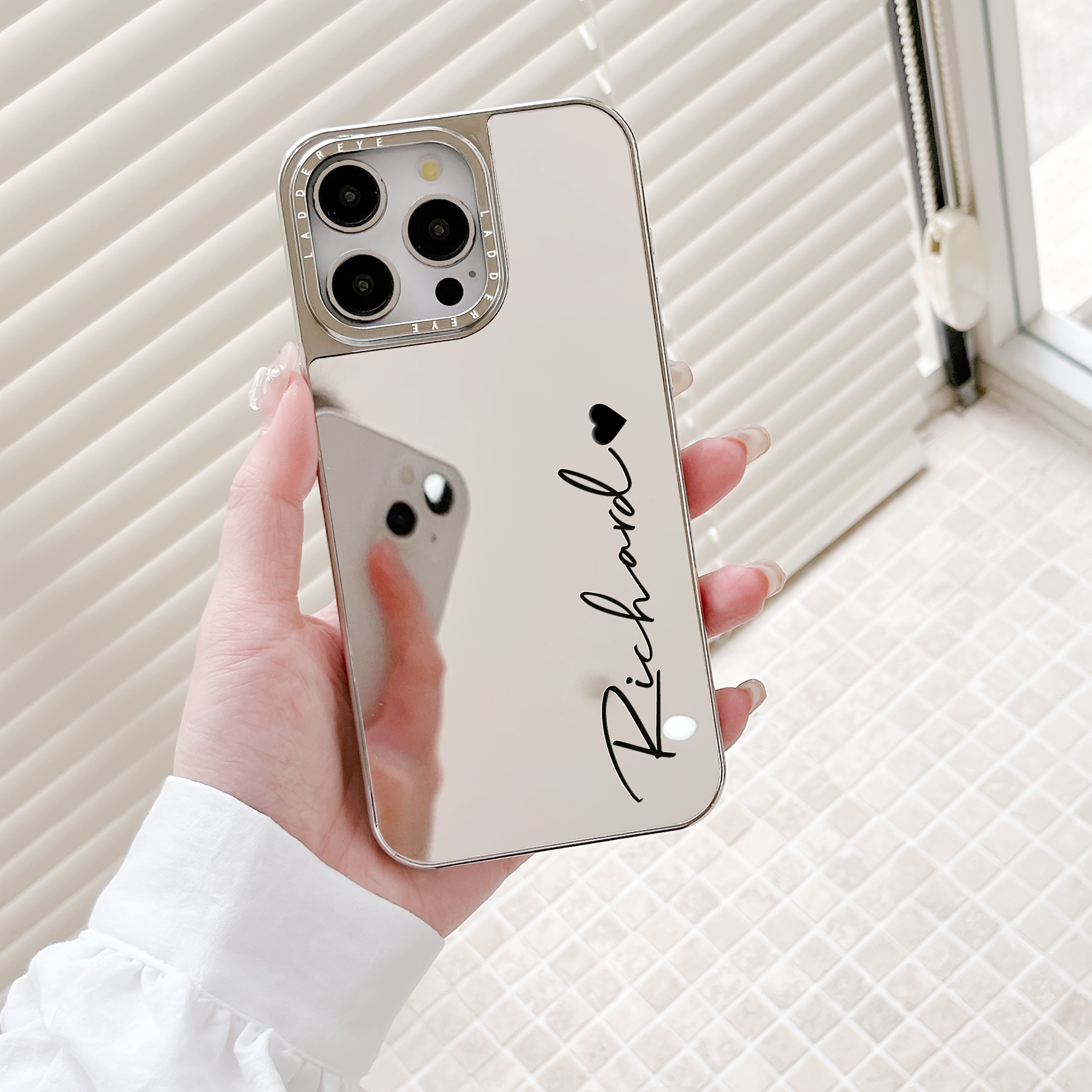Personalized Phone Case for iPhone 16 15 14 13 12 11 Pro Max Customized Initials Name Letter Fashionable 2-in-1 Plating Mirror Pattern Phone Case Makeup Mirror DIY Engraved Gift Cover 16 15 14 Plus