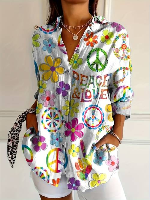 chemise décontractée à manches longues pour femmes avec motif floral hippie
