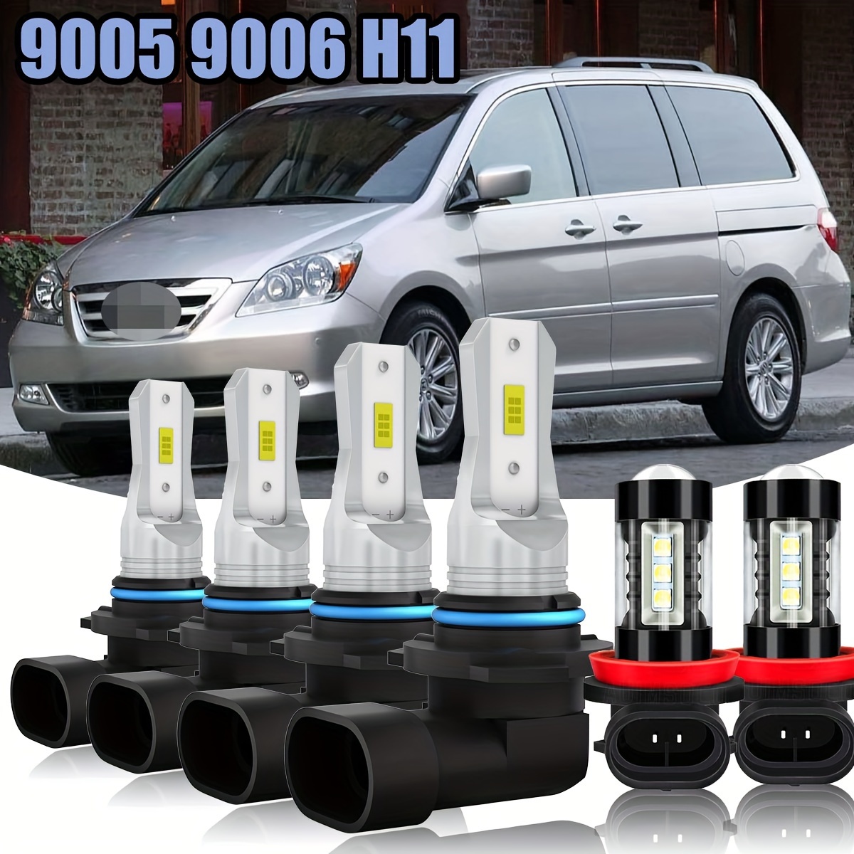 

For Honda 2005-2010 9005/hb3 9006/hb4 H11 6x Led Headlight Kit Combo High Power Lamps 500% Brightness Super Bulbs High Low Beam Fog Lights 4000lm 6000k 40w, Plug And Play, Without Battery