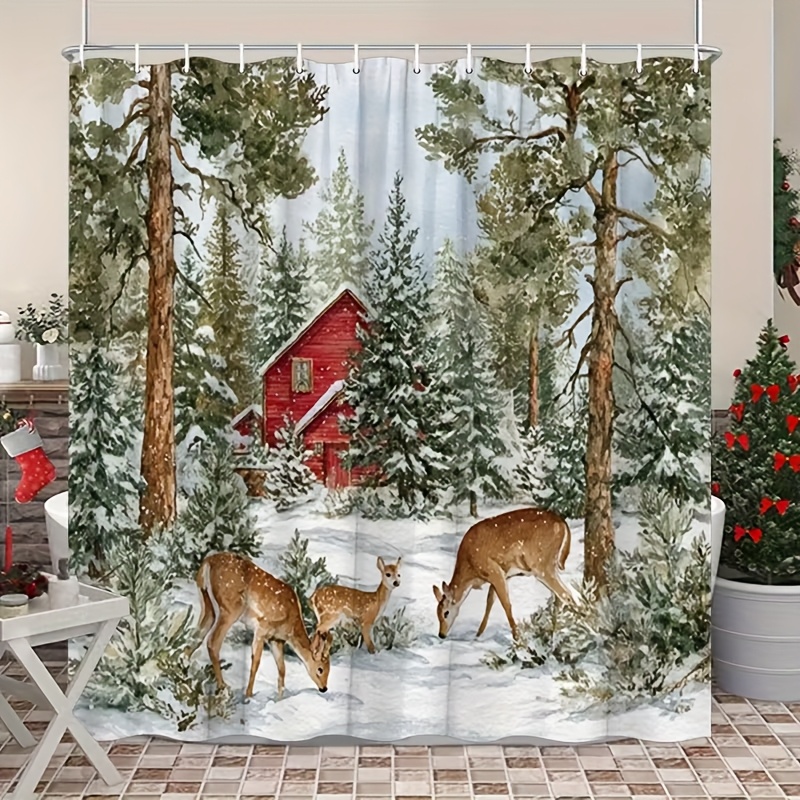 1pc   style shower curtain snow covered forest scene with red cottage tall pine trees       a warm festive and holiday filled bathroom atmosphere polyester fiber 2d   with hooks suitable for home