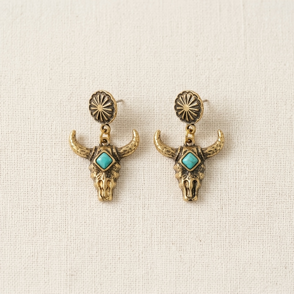 Women's Vintage Bull Skull Stud Earrings with Faux Lapis Lazuli