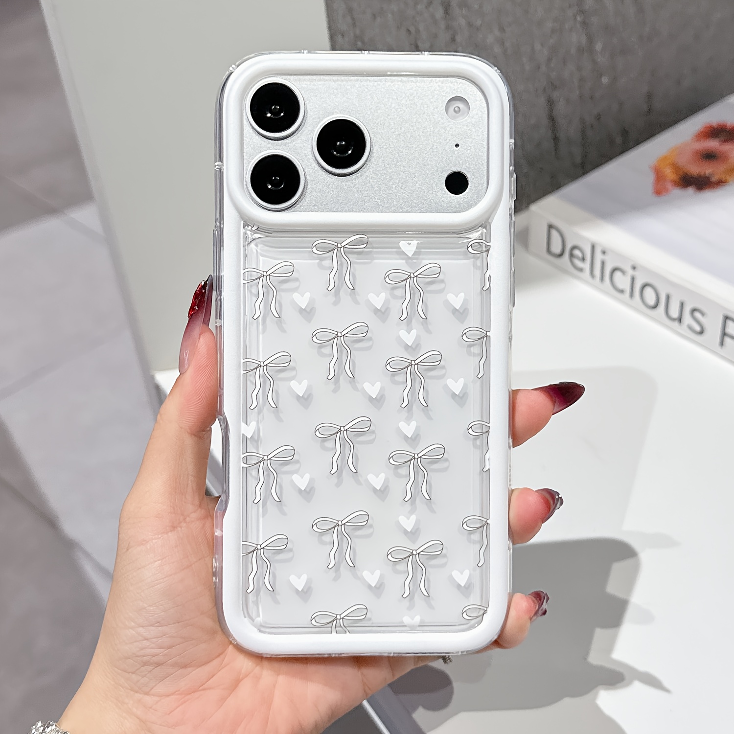 E-shop Handyhülle - ., Koreanischer Ins-Stil Weiße Schleife Herzförmige Transparente Handyhülle, Geeignet für iPhone 17/16/15/14/13/12/11 Serie,