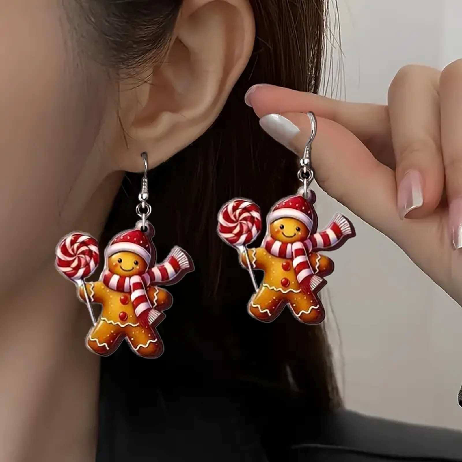 Acrylic 2D Christmas Gingerbread Cartoon Earrings, Fun Gift