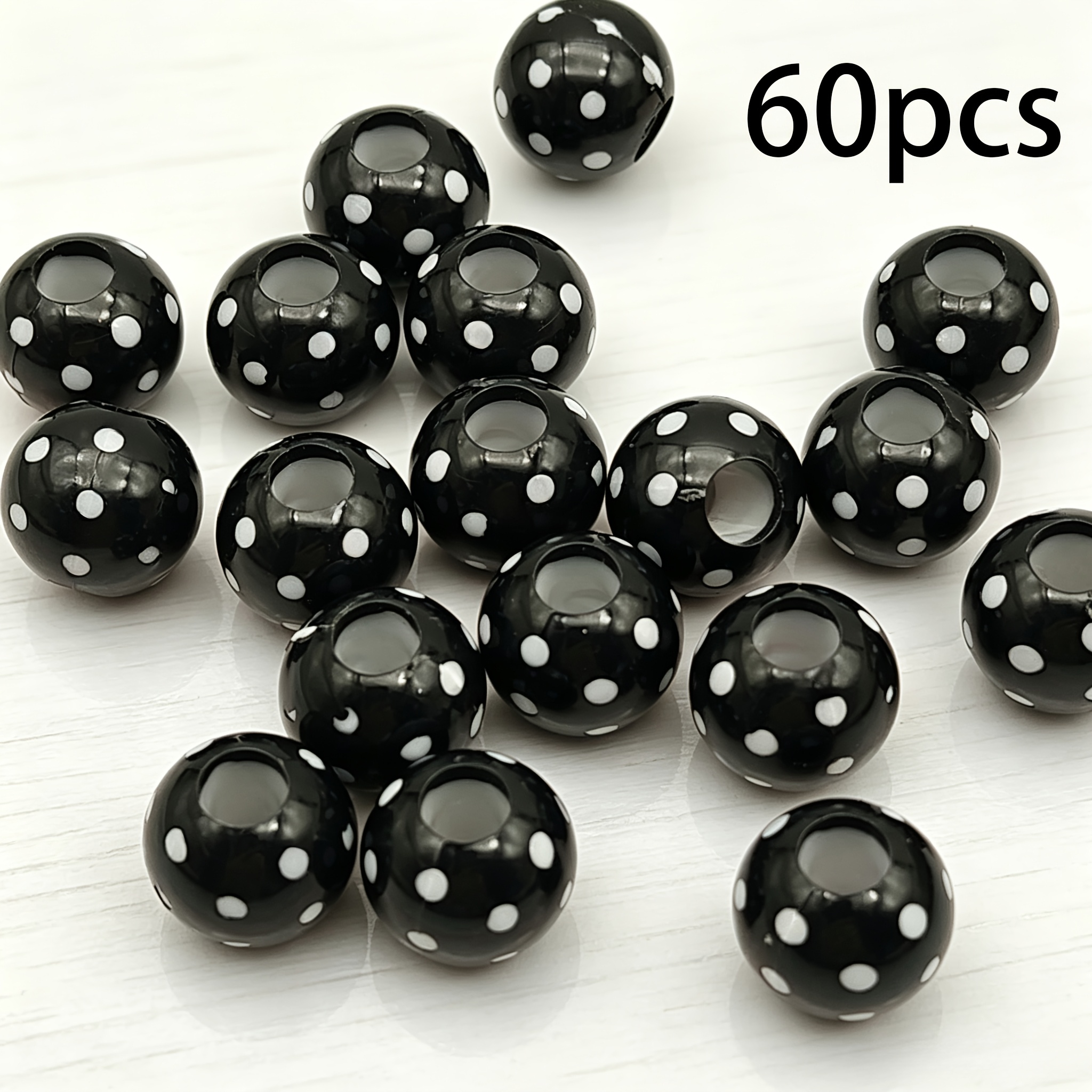 TEMU 60pcs 12mm Black Acrylic Large Hole Beads, White Polka Dot Round Beads Craft Materials, Handmade Beading, Used For Clothing Jewelry Additions,