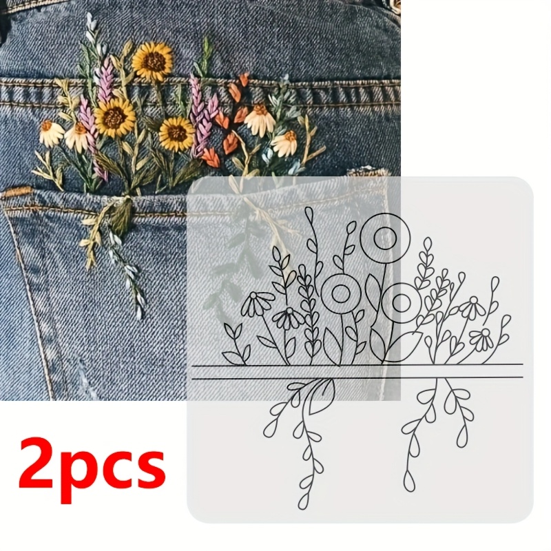 2pcs Washable Floral Embroidery Diy Kit | Stable Jeans Pocket Patches With Water-soluble Ink & Reusable Stickers For Clothing Decoration And