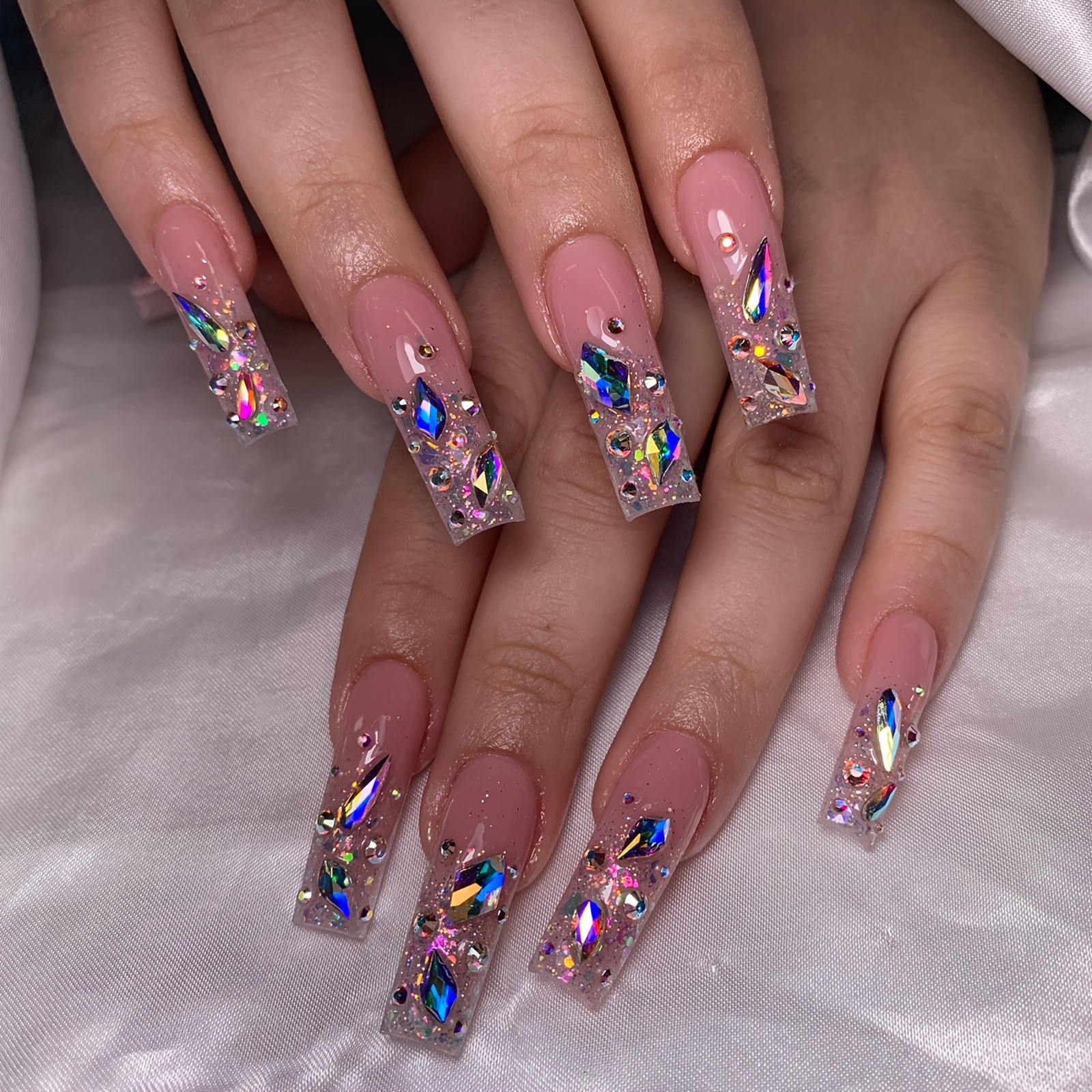 TEMU 24pcs Long Coffin-shaped Press-type False Nail Pieces, Sweet Gradient Complex Women's Nail Patches, With 1pc Jelly Glue And 1pc Twisted Strip,