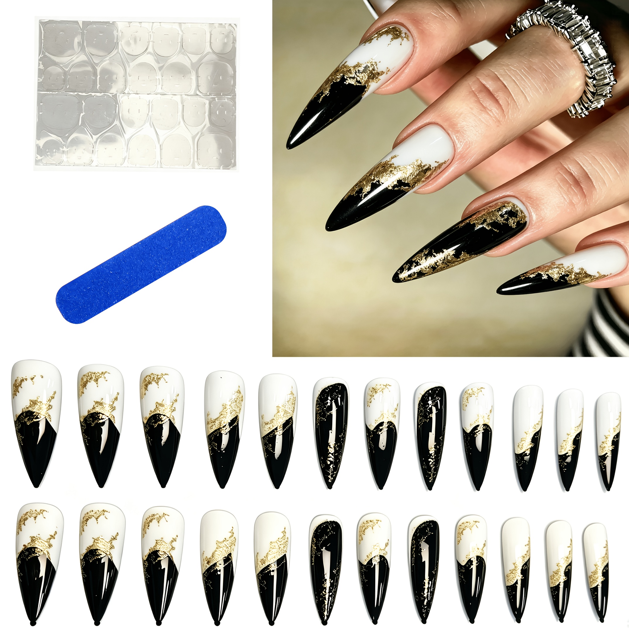 TEMU 24pcs Extra-long Stiletto Press-on Nails With Black And White Irregular Tips, Reusable Artificial Nails, Suitable For Parties And Daily