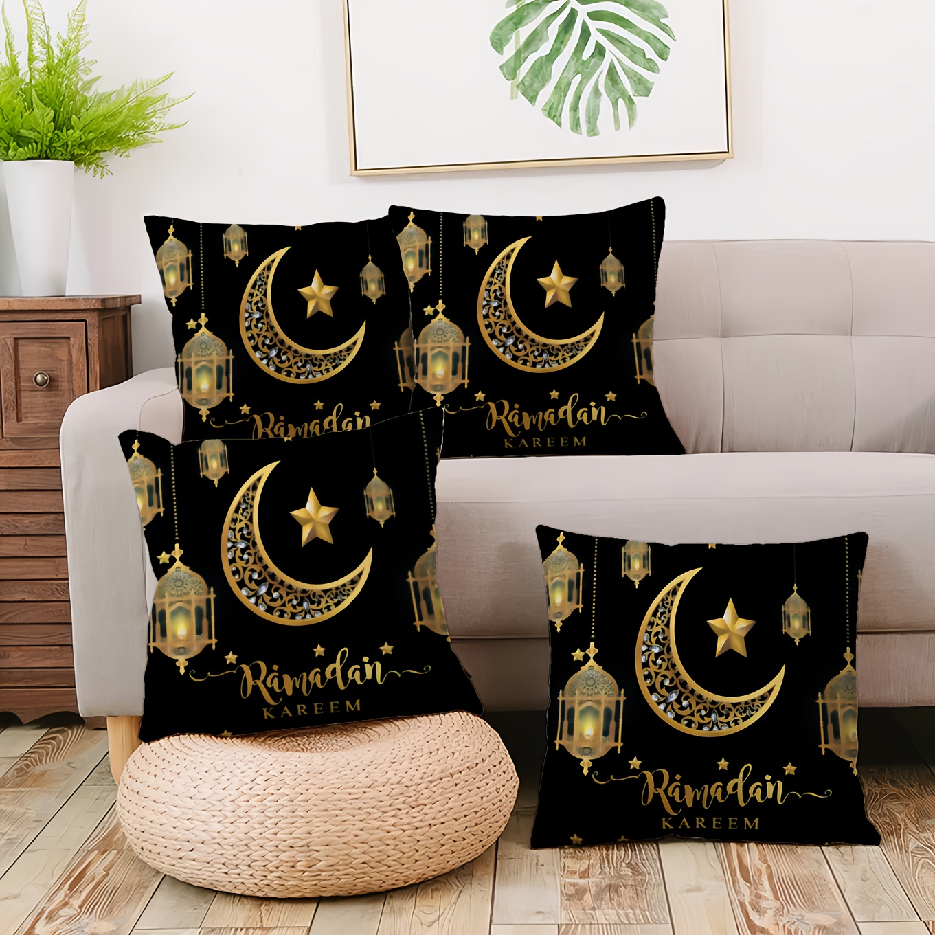 

4pcs Ramadan And Lantern Decorative Pillow Covers, Black Cushion Covers 18x18 Inch, Zip Closure, Machine Washable, Without Pillow