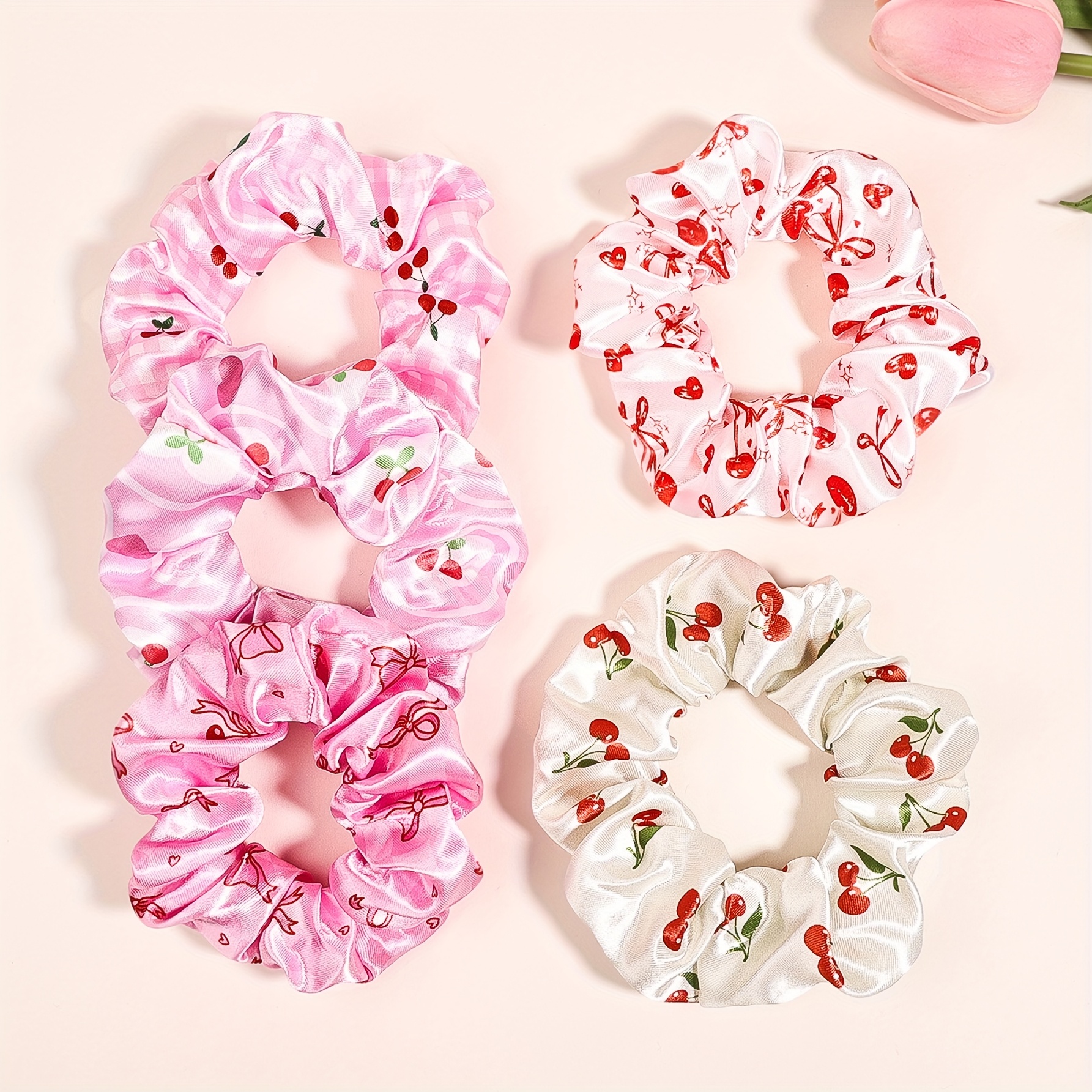 TEMU 5pcs Satin Bow Cherry Large Hair Ties, Highly Elastic Versatile Styling Hair Accessories