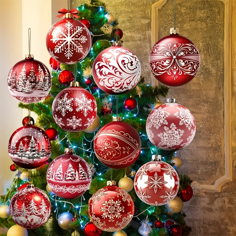 

12pcs Wooden Christmas Ornaments Set - Round, Red Decorations Hanging Attachments, No Required, For Decor And