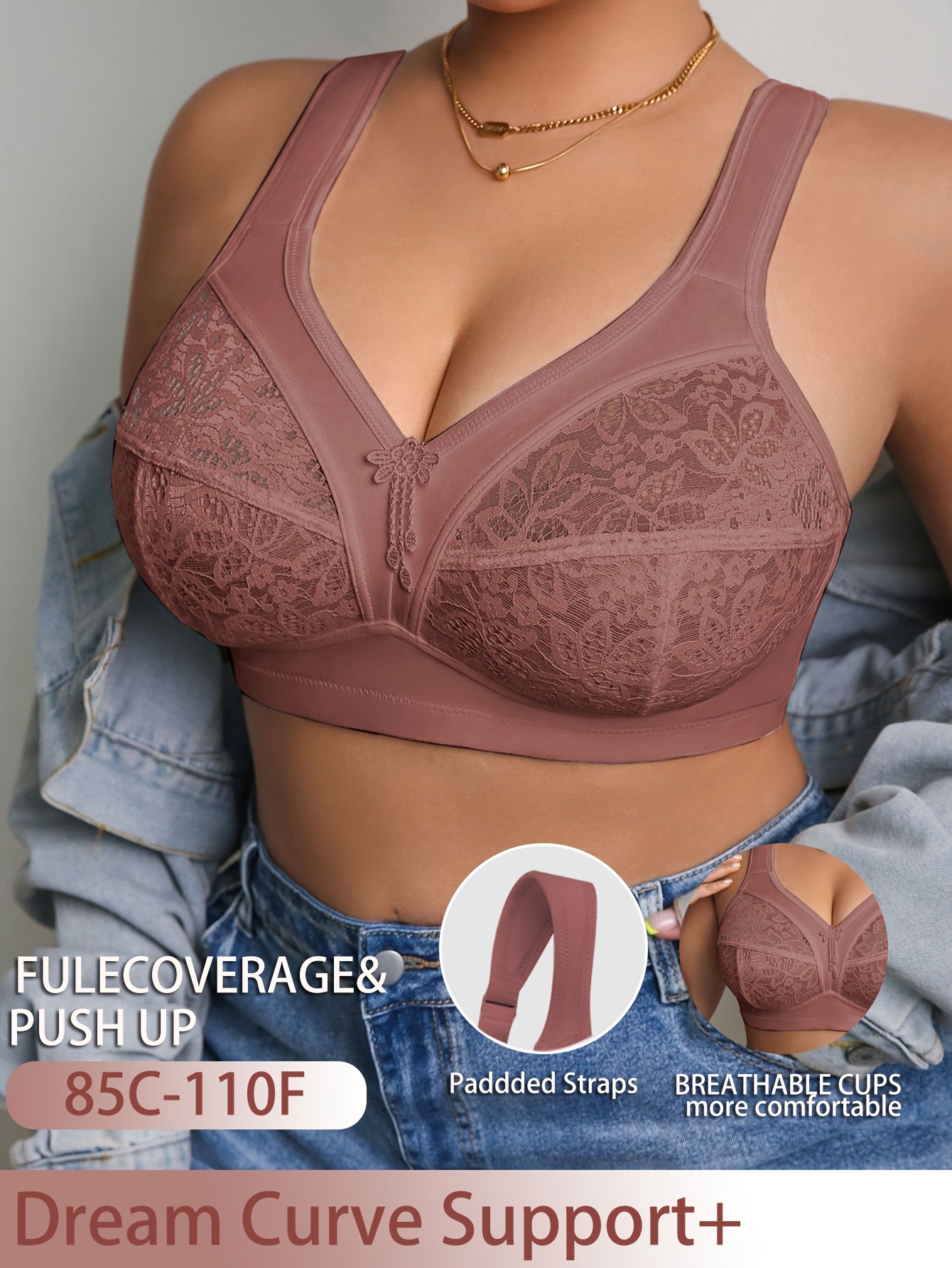 Lace Patchwork Sexy Plus Size Women'S Bra, Wireless Casual Comfortable Underwear with Back Design, Thin Style