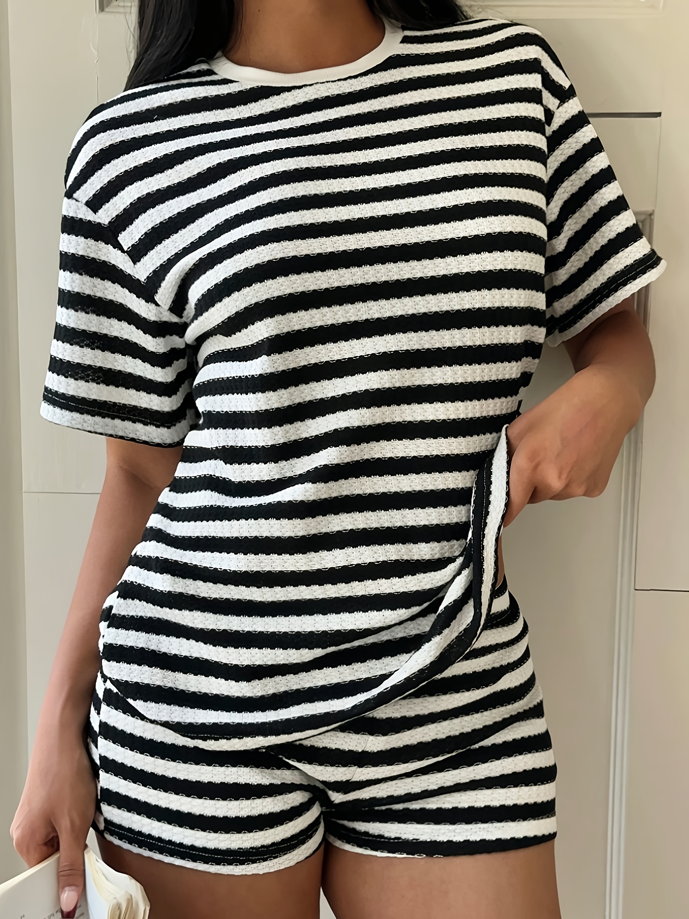 spring summer womens casual outing fashion simple striped shorts t shirt two piece set