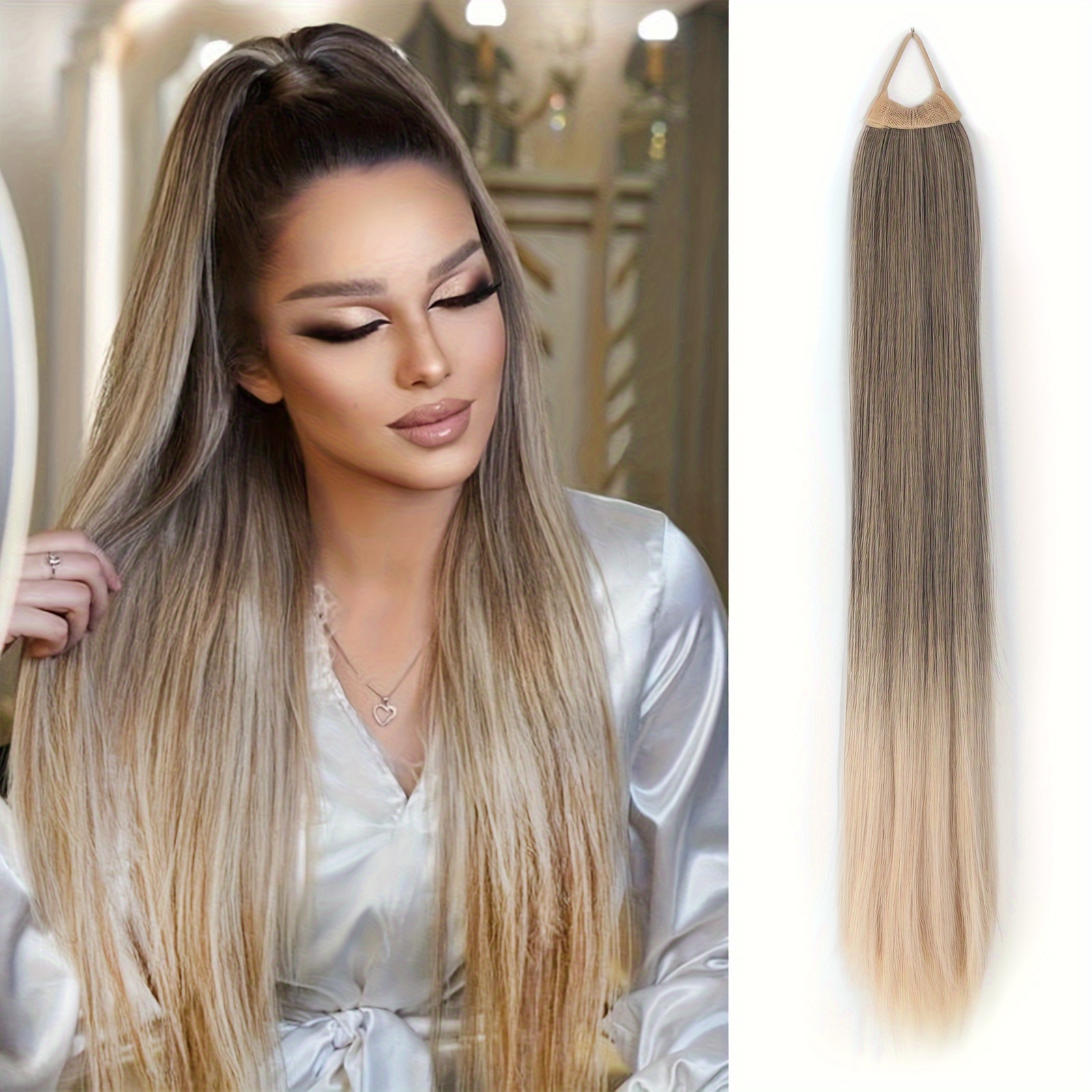 

Ponytail Extensions Featuring A Flexible Band, Suitable For Women, Measuring 28 Inches In Length With Straight, Soft, And Natural-looking Synthetic Ponytails In Mixed Blonde, Brown, Red, And Silvery.