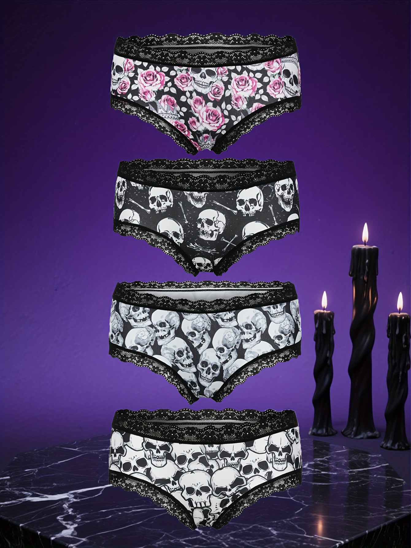 4pcs gothic contrast lace hipster panties halloween skull allover print intimates panties womens underwear lingerie halloween underwear underwear for women high quality hipster panties for women plus size panties lingerie for women seductive festival wear halloween costume     fabric durable lace womens panties gothic   size women mixed color 0