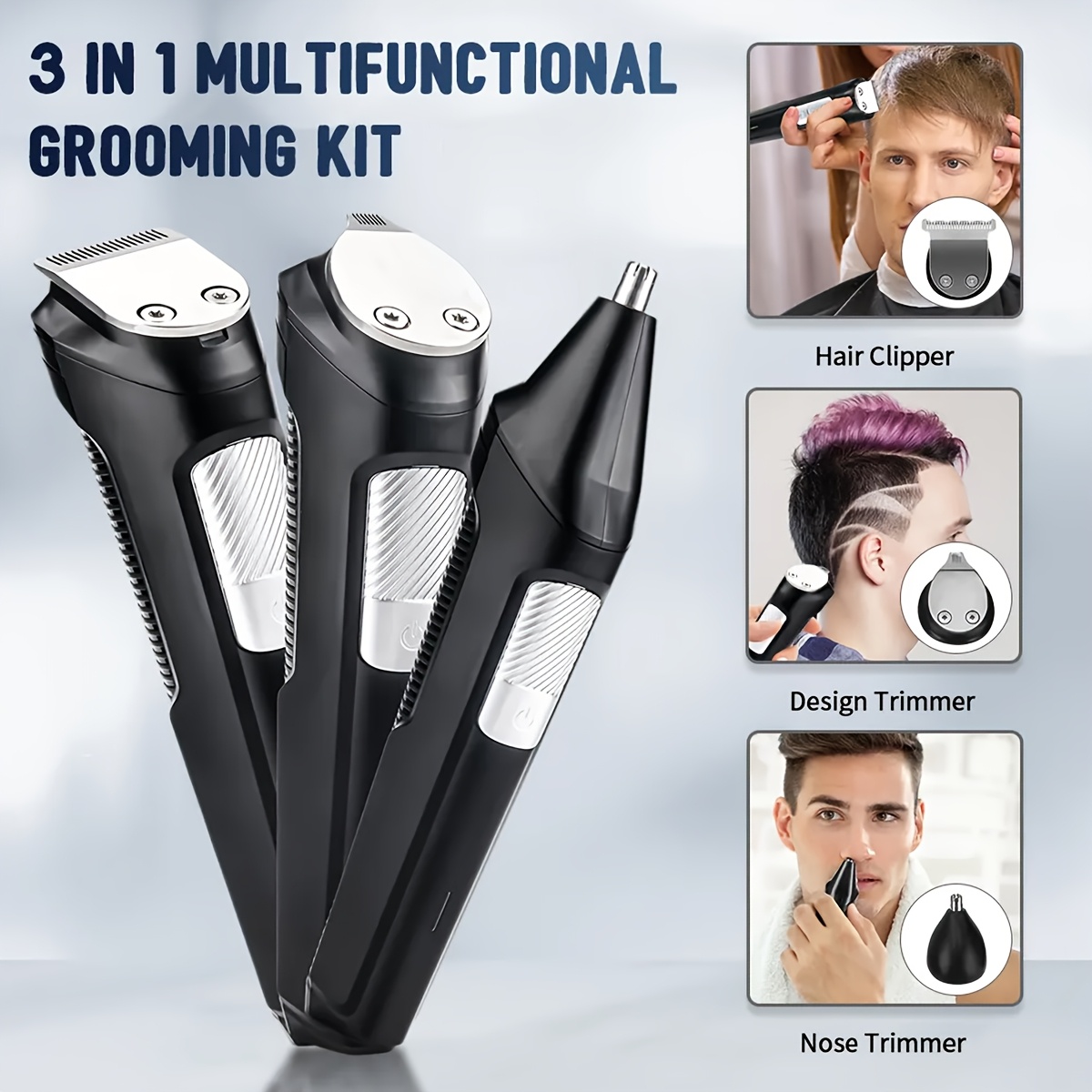 professional 3 in 1 wireless electric hair clipper multi functional adult shaver nose hair trimmer with led light usb type c charging rechargeable 600mah battery   start washable stainless steel   long       3  s and storage bag Product details 6