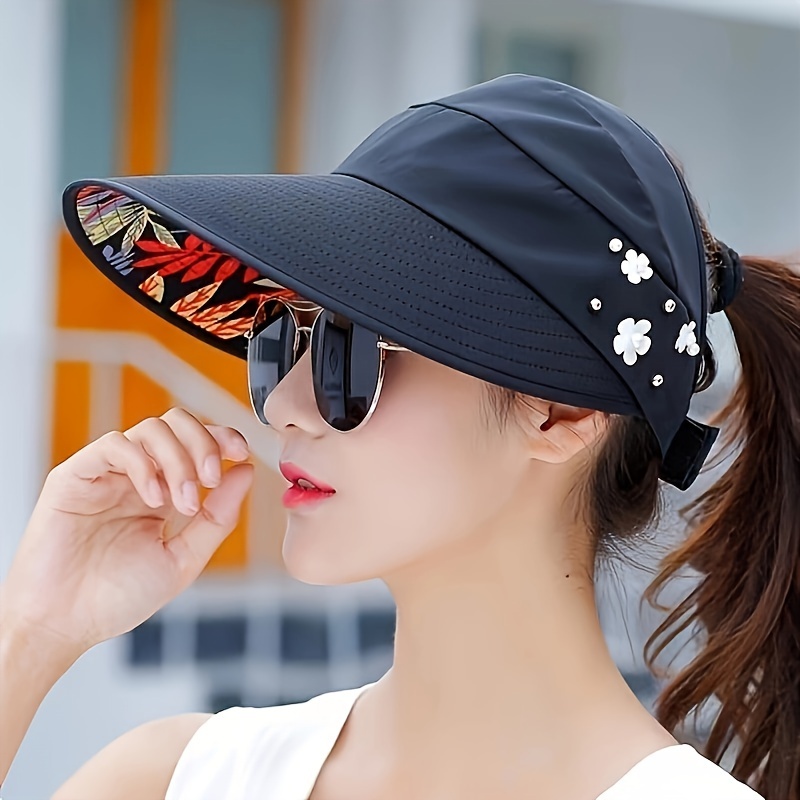 

Outdoor Foldable Beaded Floral Sun Hat, Stylish Knitted Visor For Women's Durable And Comfortable Baseball Cap