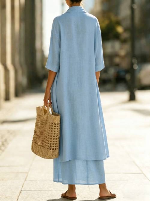 womens elegant solid color five quarter sleeve cardigan with pockets and camisole dress set fashionable casual loose and comfortable 2pcs long dress set for outdoor vacations parties and commuting