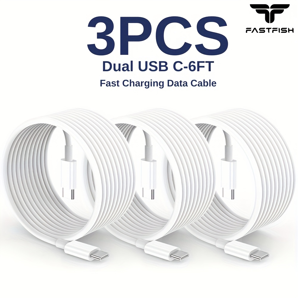 TEMU Fastfish 3pcs 6ft 60w Type C Fast Charging Pd Usb C To Usb C Cable For Iphone 16/ 15 Plus/ For Ipad Pro/ Macbook For Xiaomi