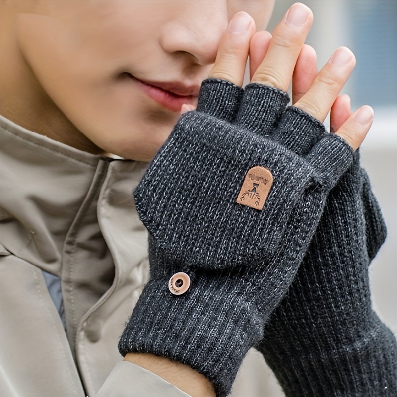 

Men's Half-finger Knit Gloves With Flip Cover - Blend, Ideal For Typing & Writing, Outdoor Casual